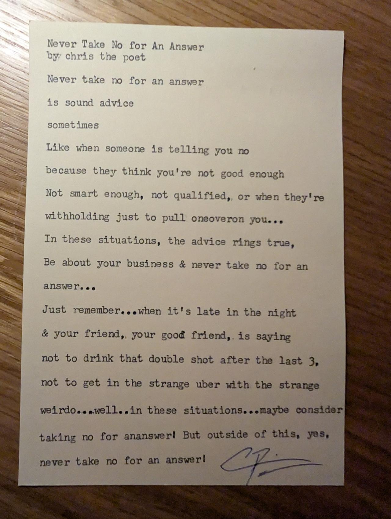 Original typewritten poem Never Take No for An Answer by Chris the Poet