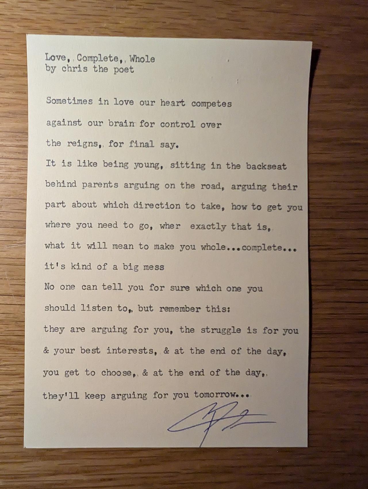 Original typewritten poem Love, Complete, Whole by Chris the Poet