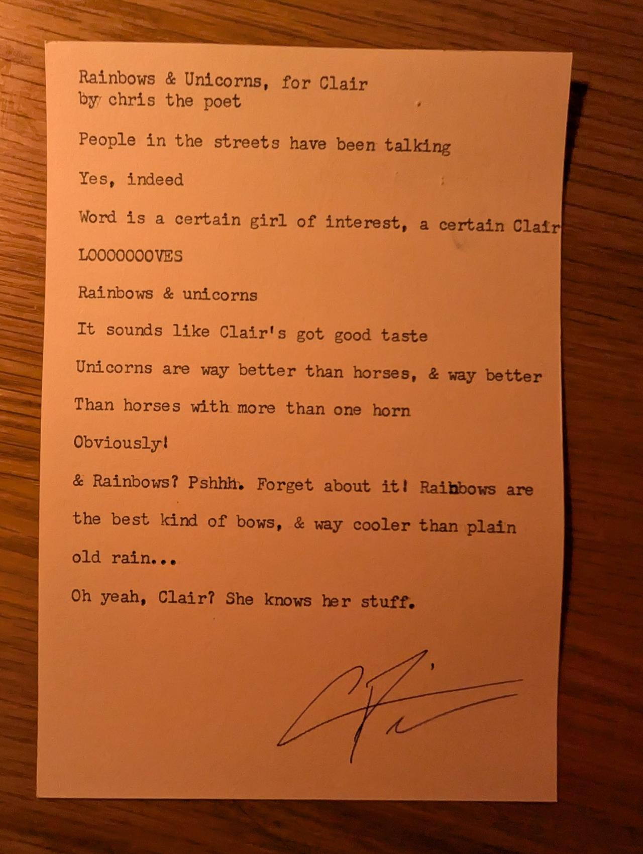 Original typewritten poem Rainbows & Unicorns, for Clair by Chris the Poet