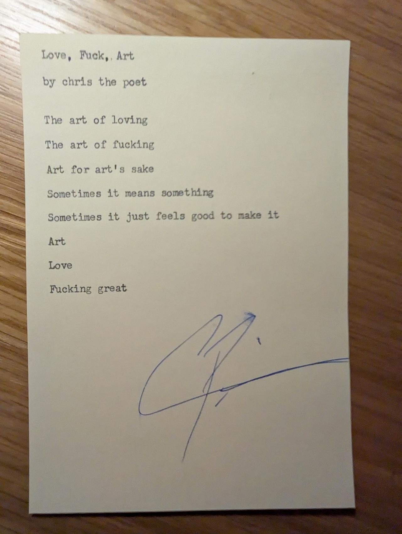Original typewritten poem Love, Fuck, Art by Chris the Poet