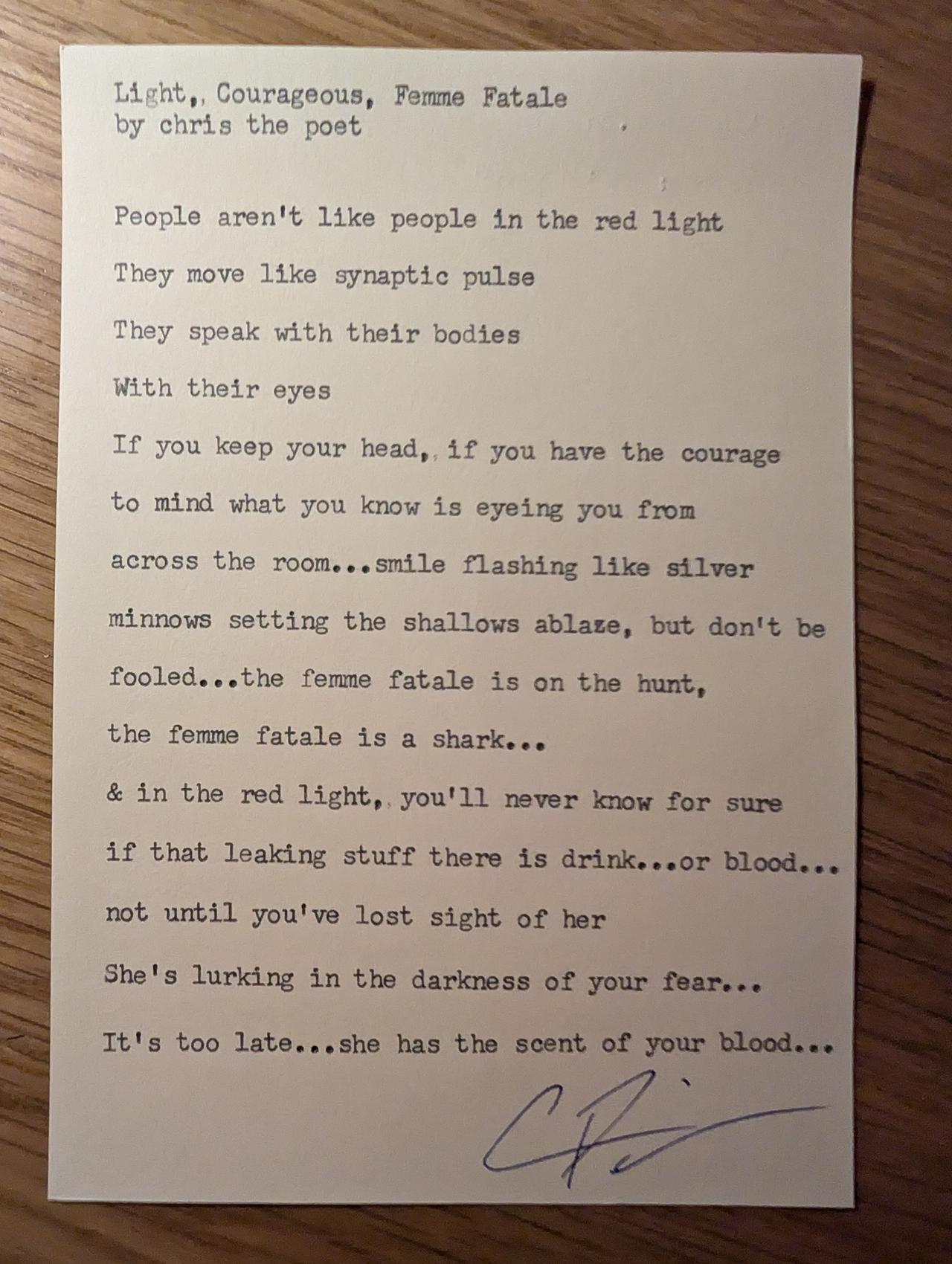 Original typewritten poem Night, Courageous, Femme Fatale by Chris the Poet
