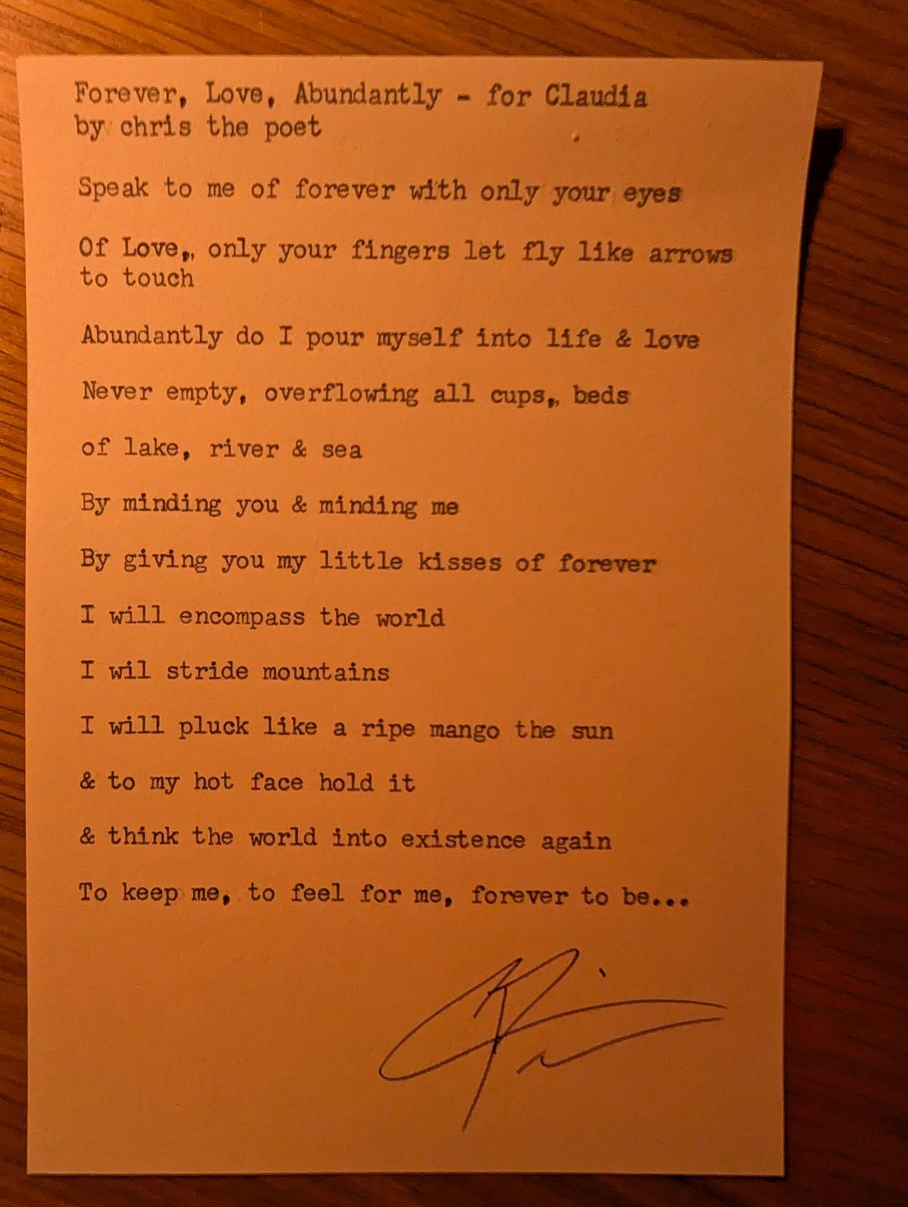 Original typewritten poem Forever, Love, Abundantly - for Claudia by Chris the Poet