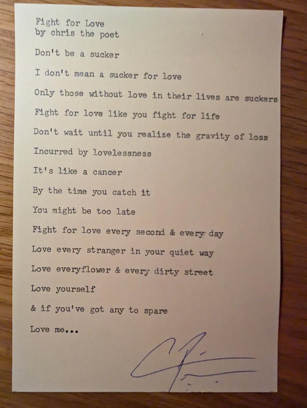 Original typewritten poem Fight for Love by Chris the Poet