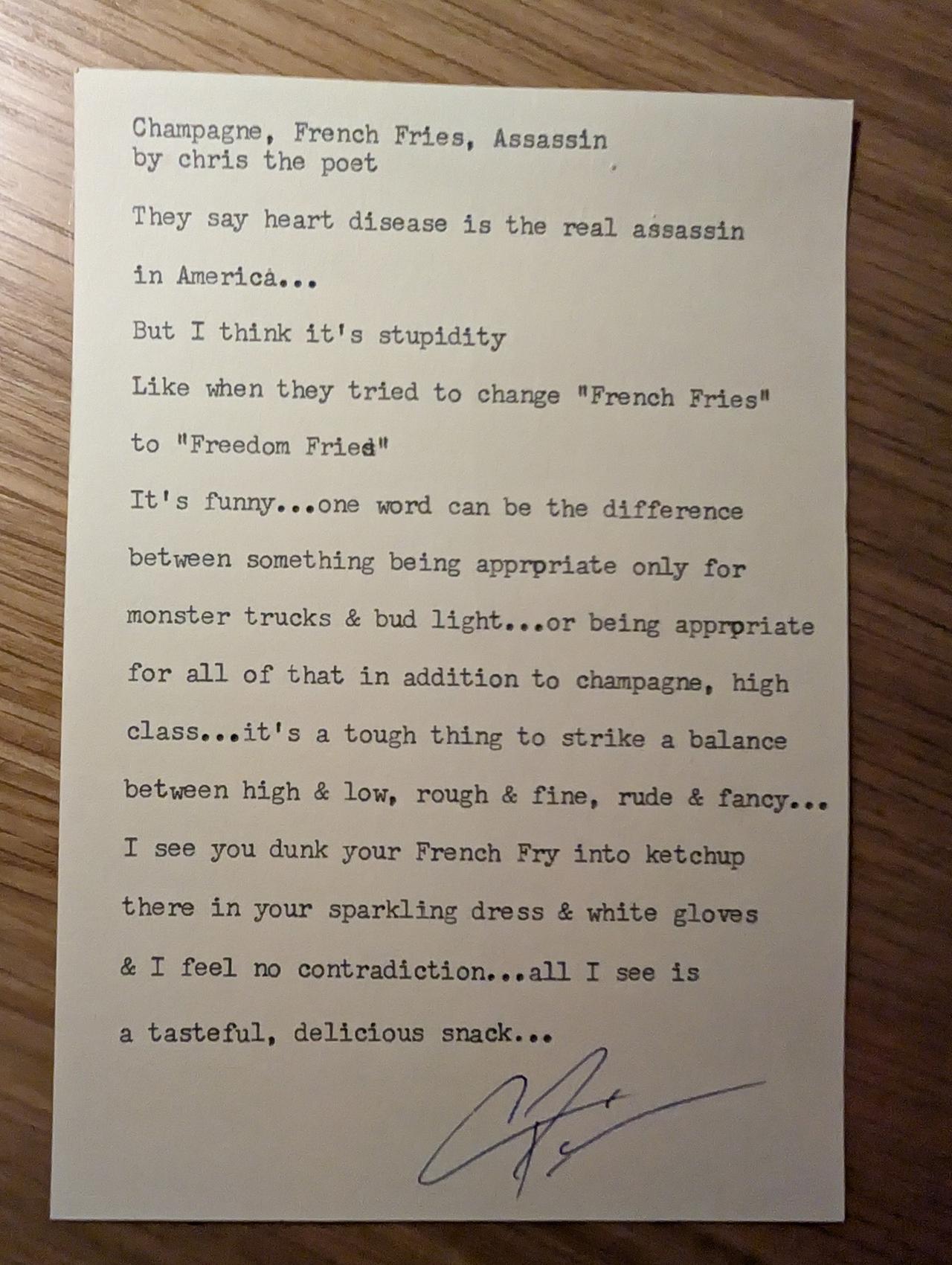 Original typewritten poem Champagne, French Fries, Assassin by Chris the Poet