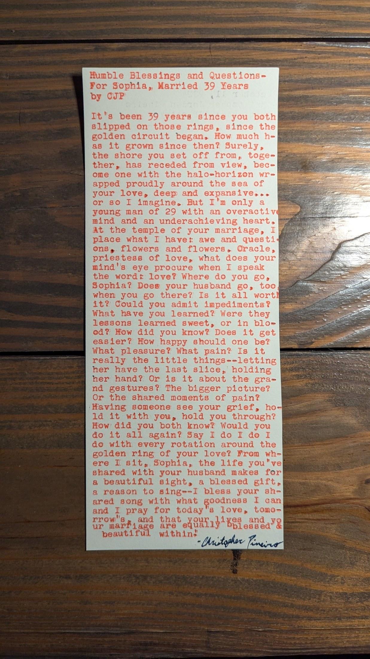 Additional archive image for Humble Blessings and Questions--For Sophia, Married 39 Years by Chris the Poet