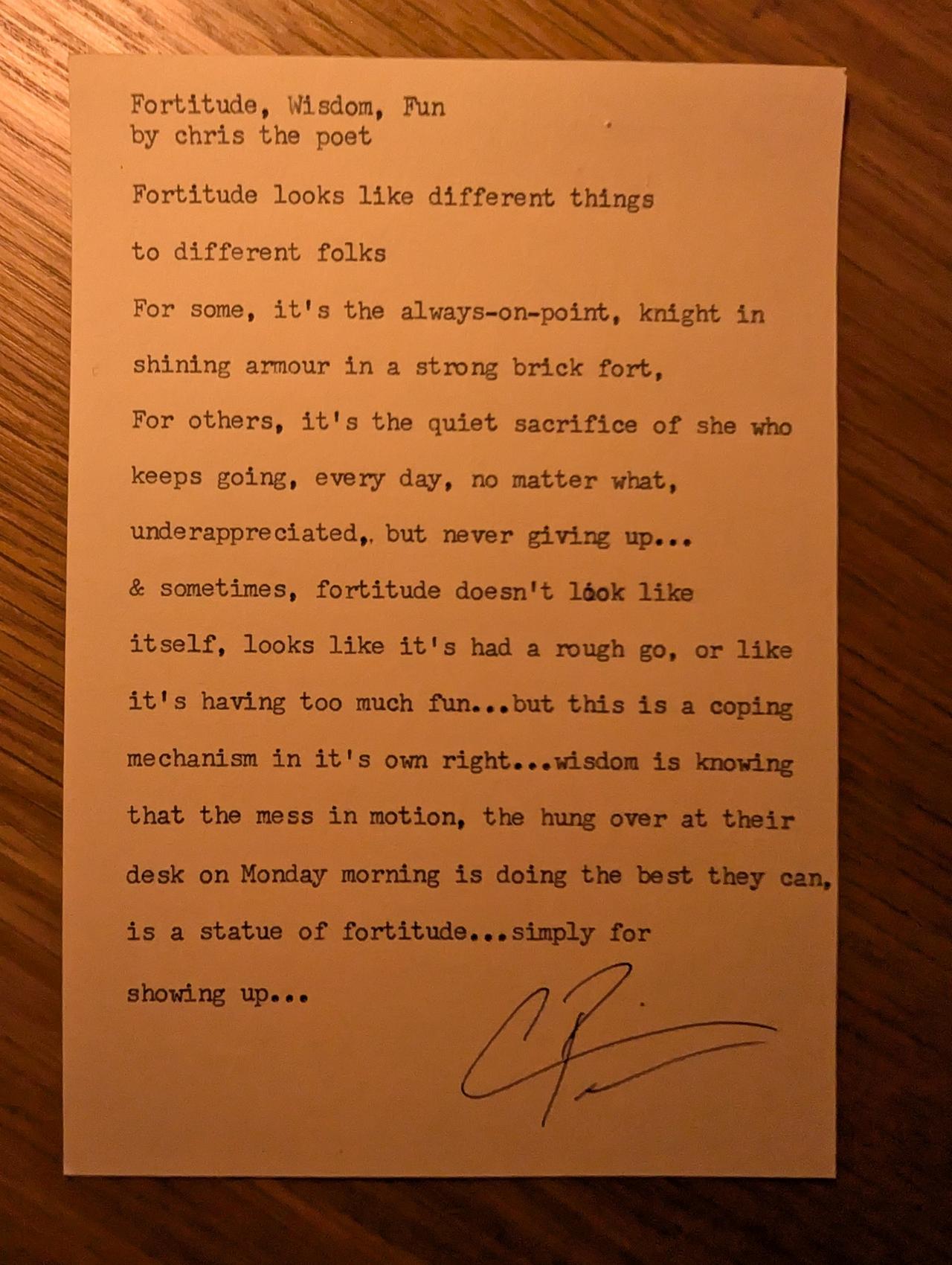 Original typewritten poem Fortitude, Wisdom, Fun by Chris the Poet