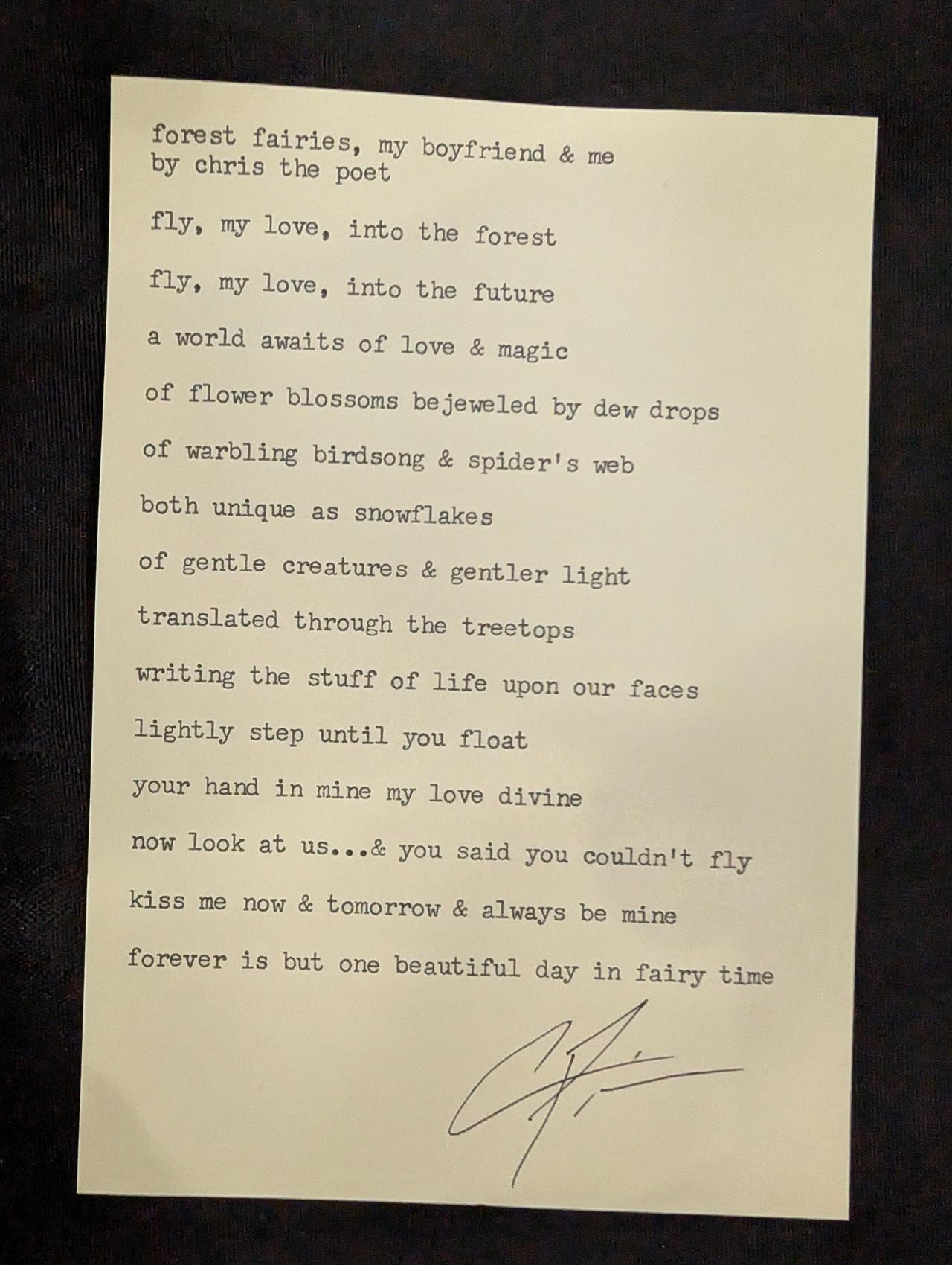 Original typewritten poem forest fairies, my boyfriend & me by Chris the Poet