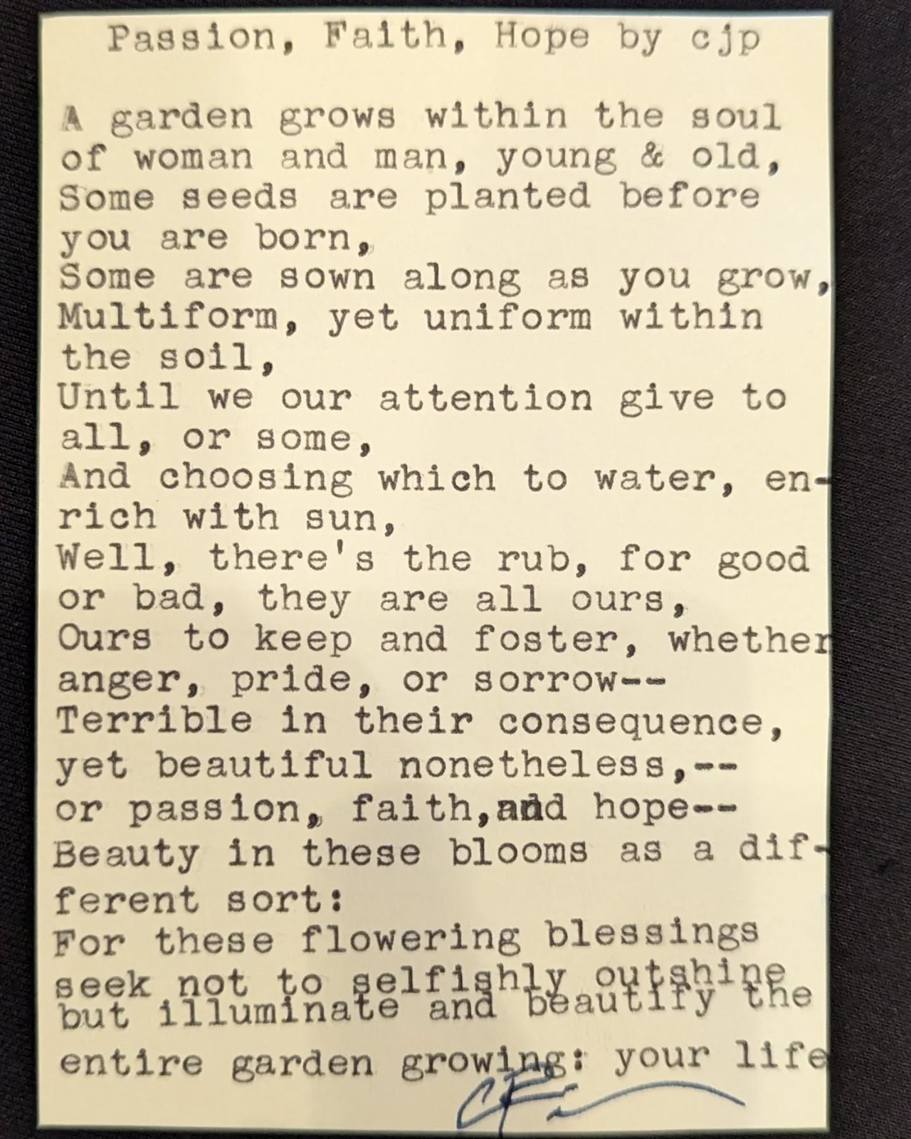 Original typewritten poem Passion, Faith, Hope by Chris the Poet
