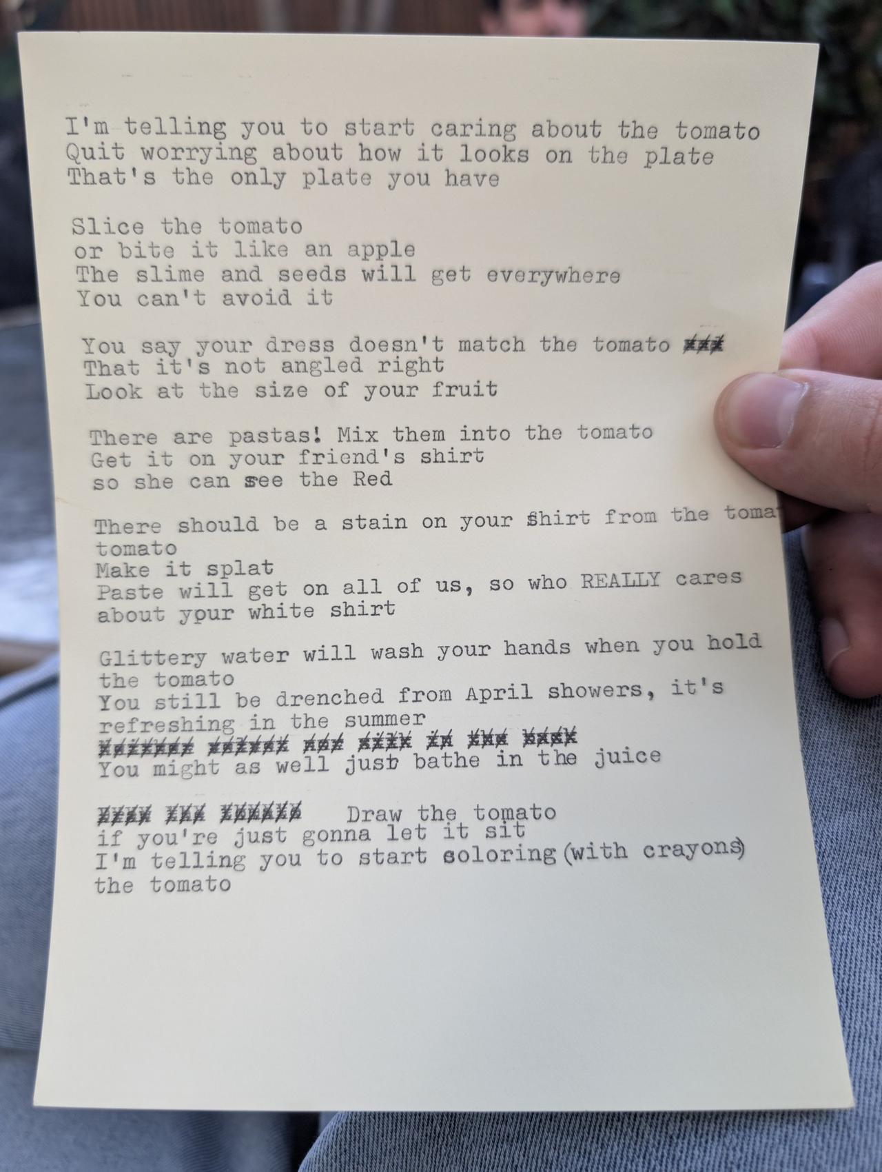Original typewritten poem I'm telling you to start caring about the tomato by Chris the Poet