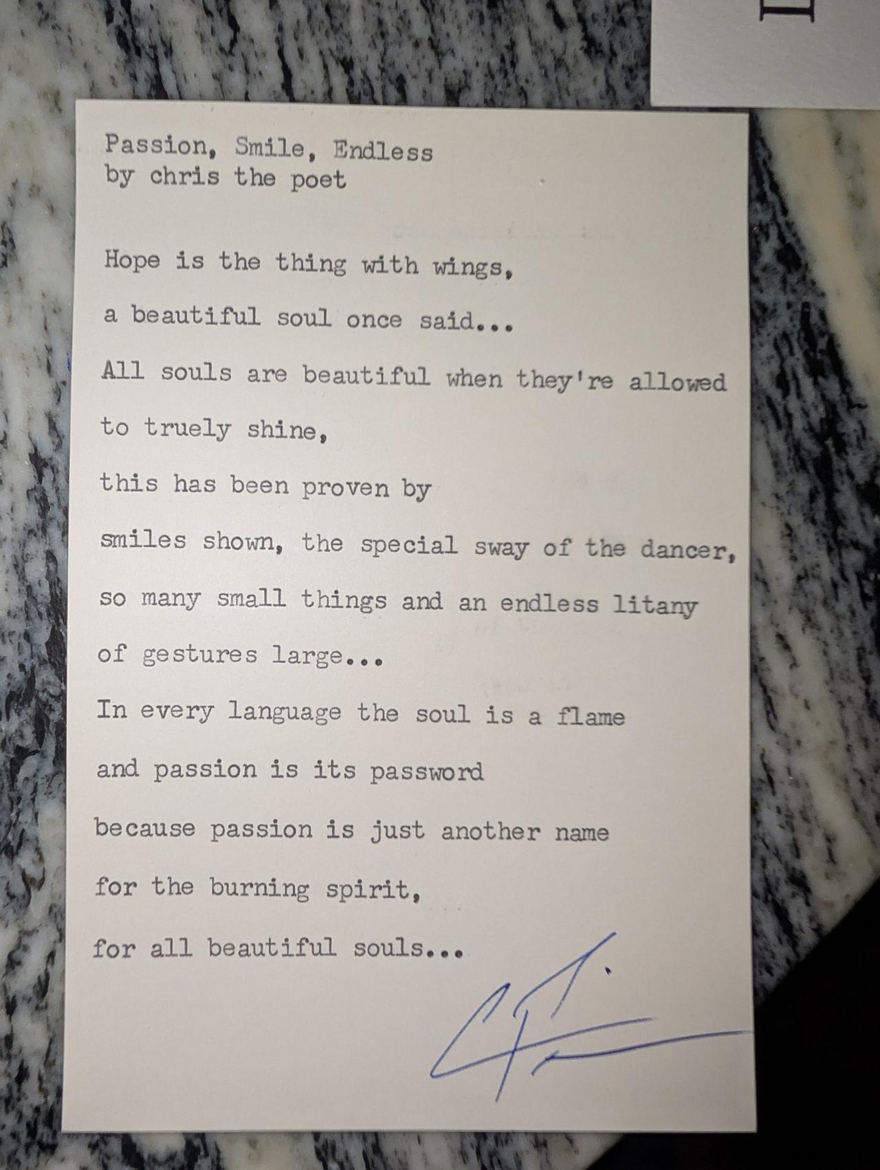 Original typewritten poem Passion, Smile, Endless by Chris the Poet