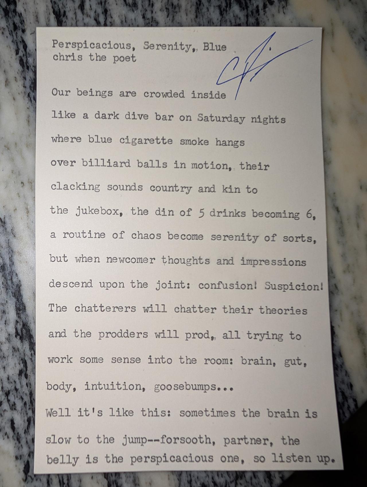 Original typewritten poem Perspicacious, Serenity, Blue by Chris the Poet