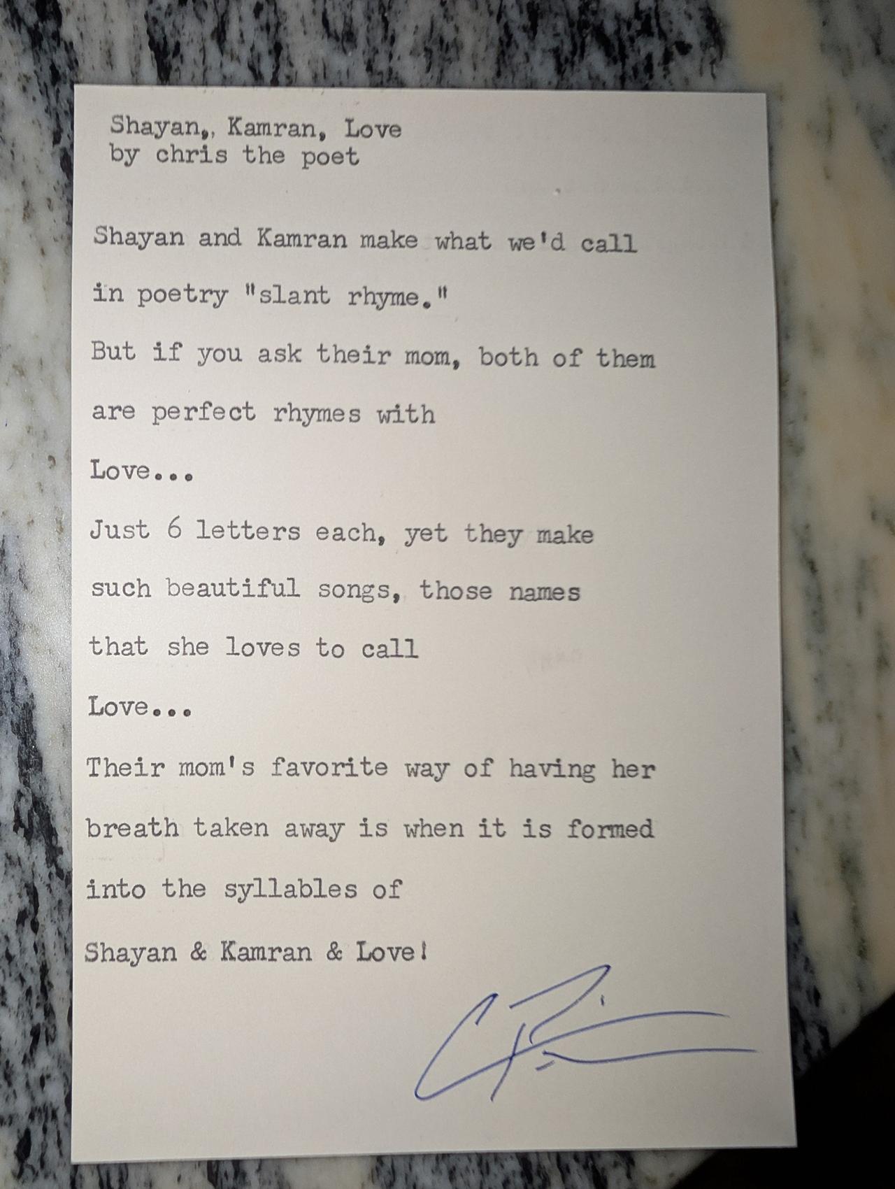 Original typewritten poem Shayan, Kamran, Love by Chris the Poet