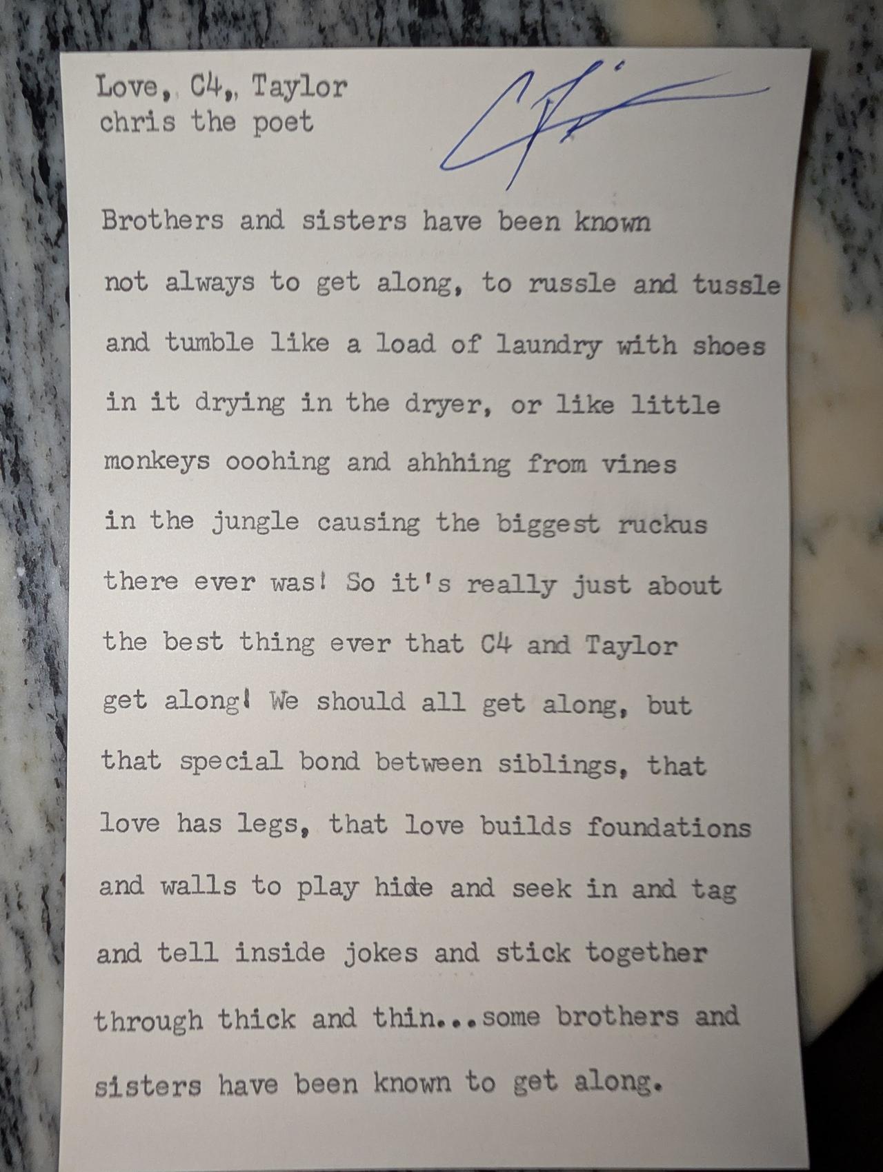 Original typewritten poem Love, C4, Taylor by Chris the Poet