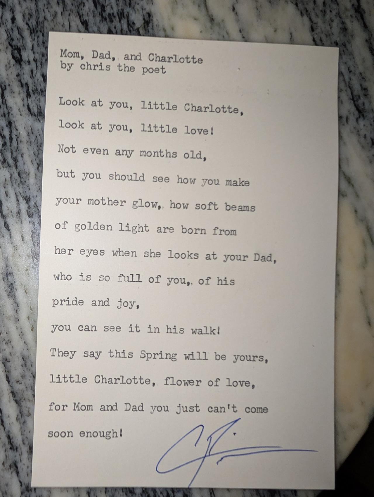 Original typewritten poem Mom, Dad, and Charlotte by Chris the Poet