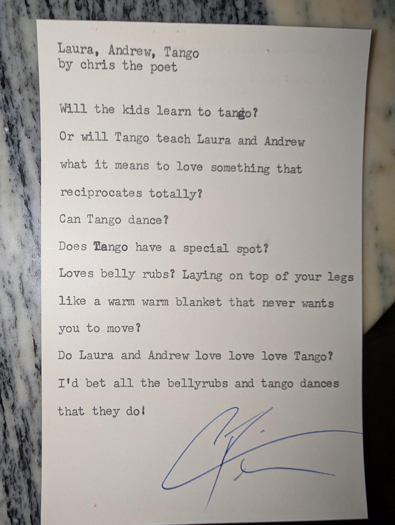 Original typewritten poem Laura, Andrew, Tango by Chris the Poet