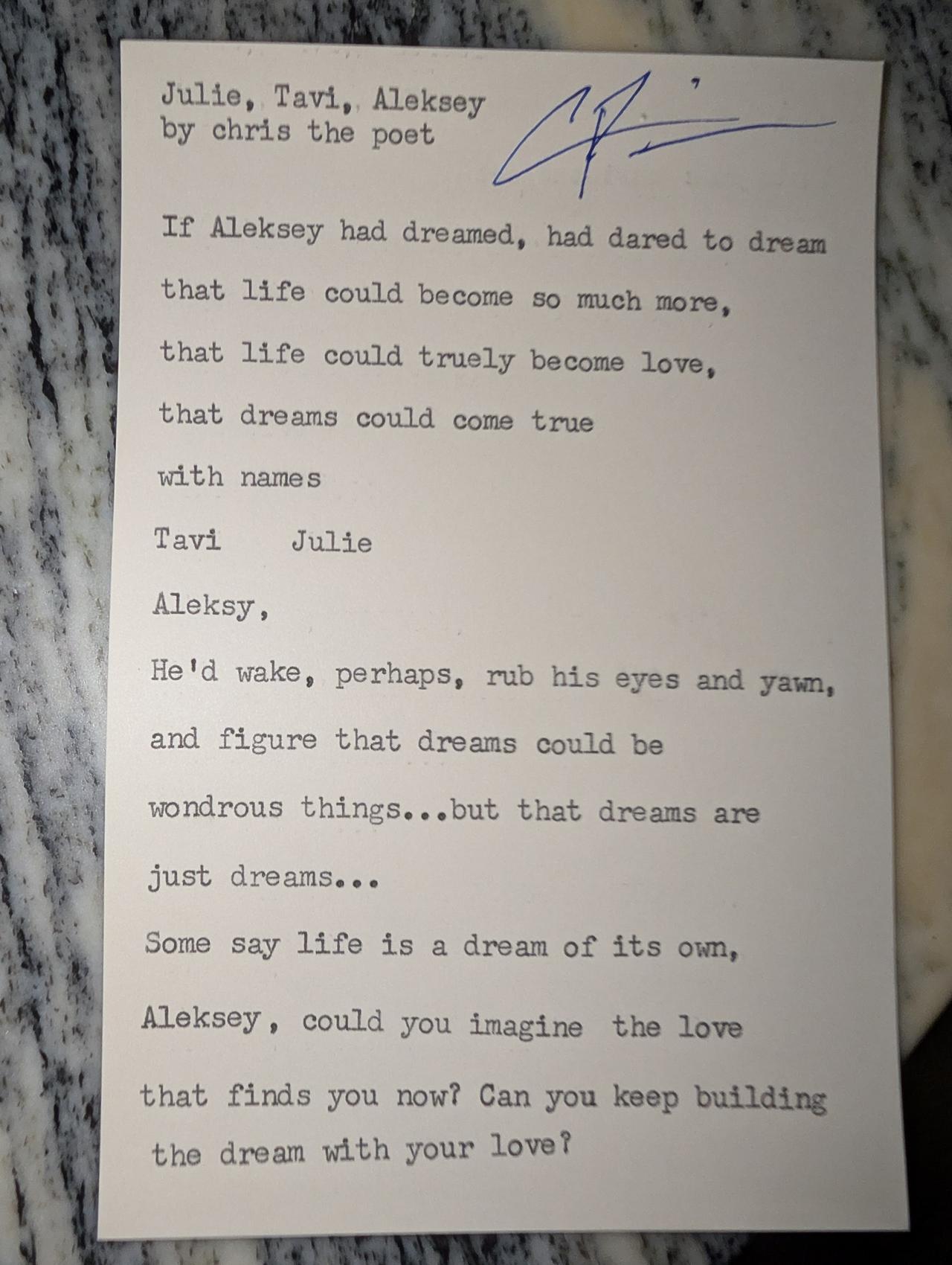 Original typewritten poem Julie, Javi, Aleksey by Chris the Poet