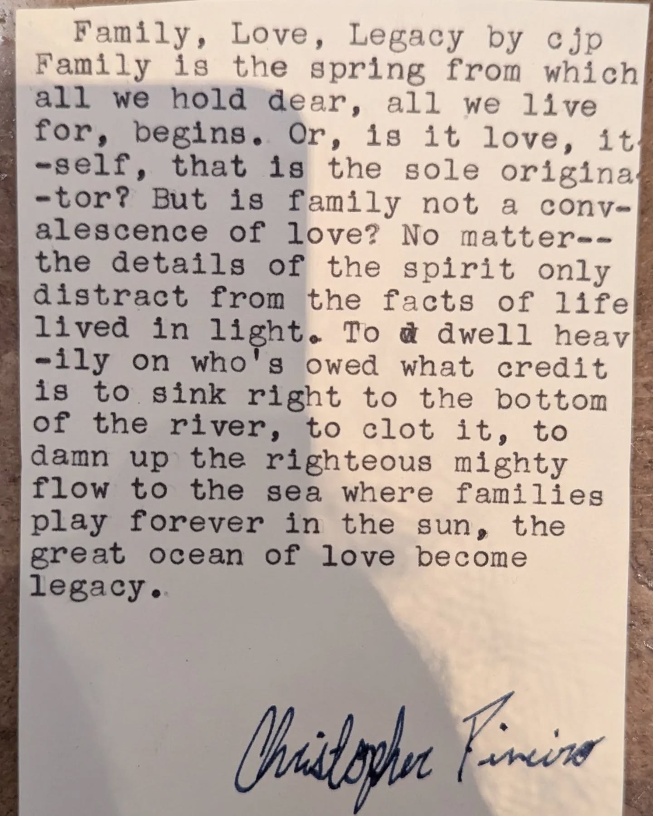 Original typewritten poem Family, Love, Legacy by Chris the Poet