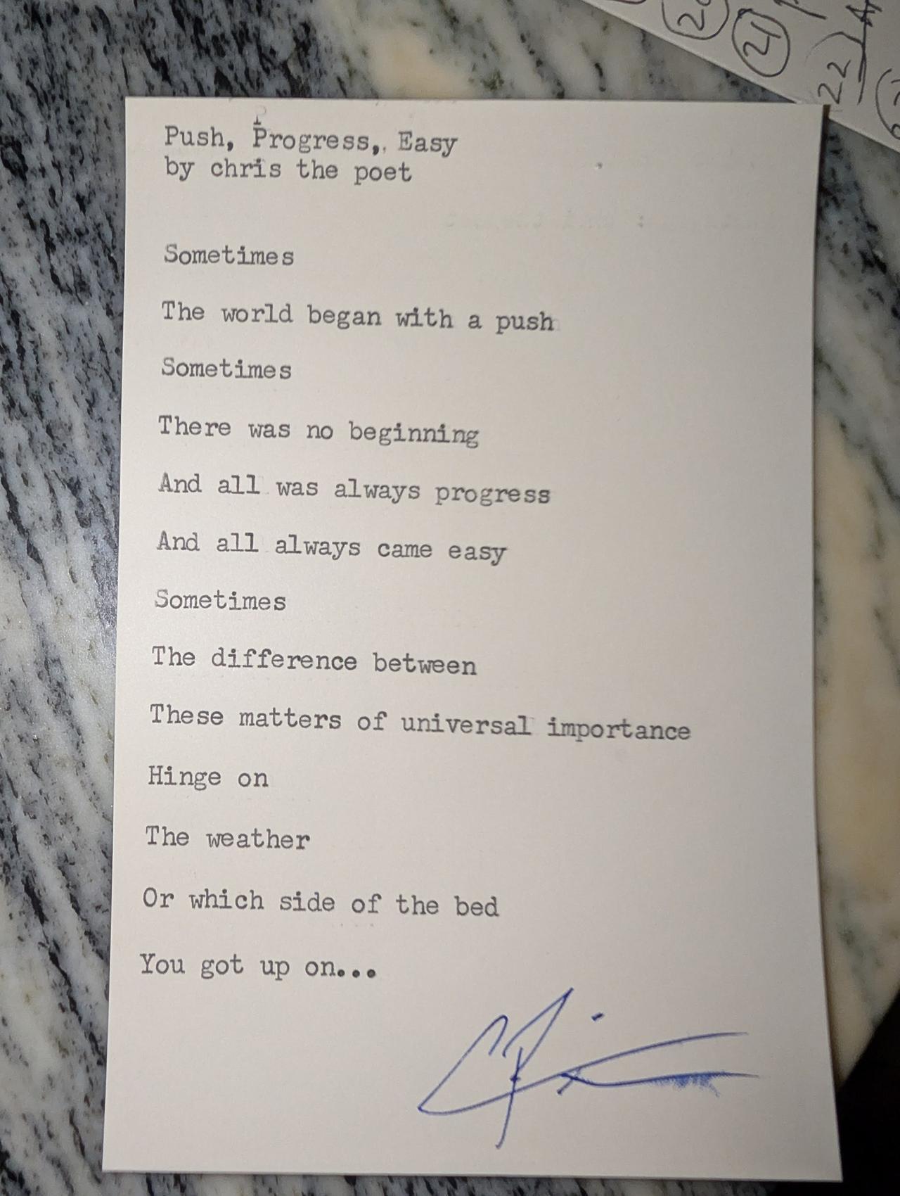 Original typewritten poem Push, Progress, Easy by Chris the Poet