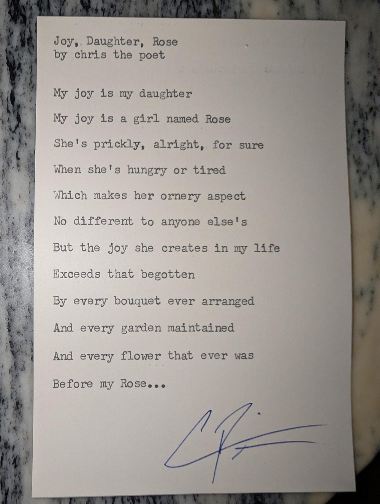 Original typewritten poem Joy, Daughter, Rose by Chris the Poet