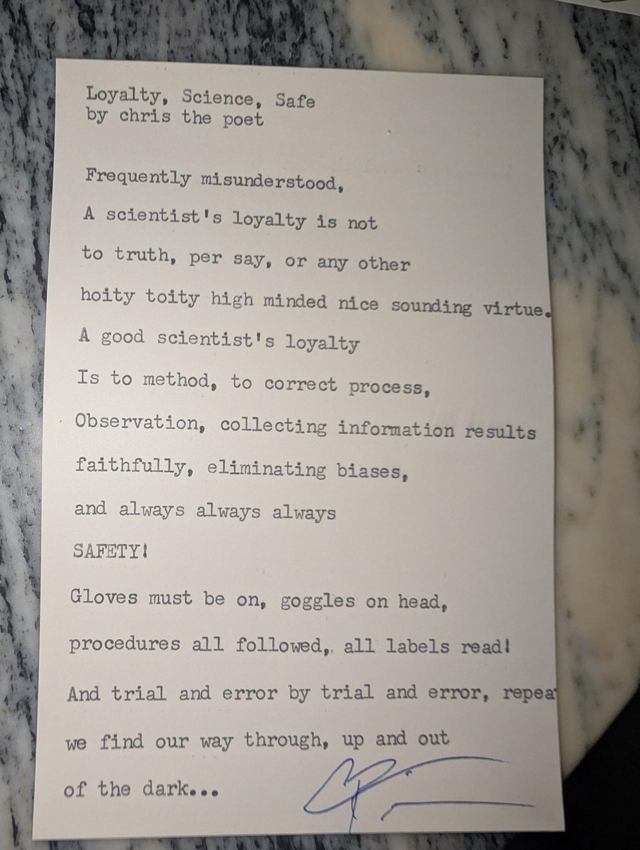 Original typewritten poem Loyalty, Science, Safe by Chris the Poet