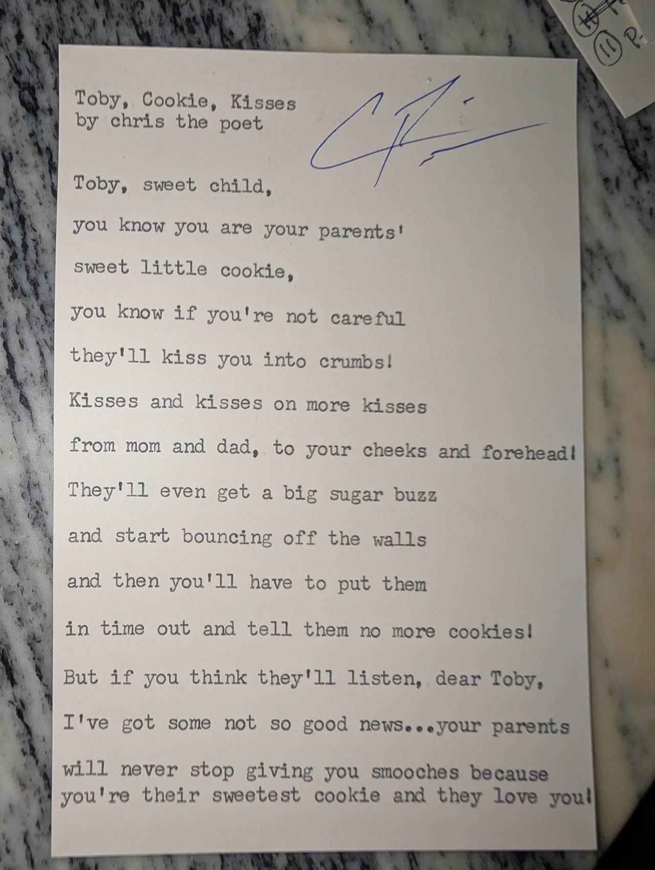 Original typewritten poem Toby, Cookie, Kisses by Chris the Poet