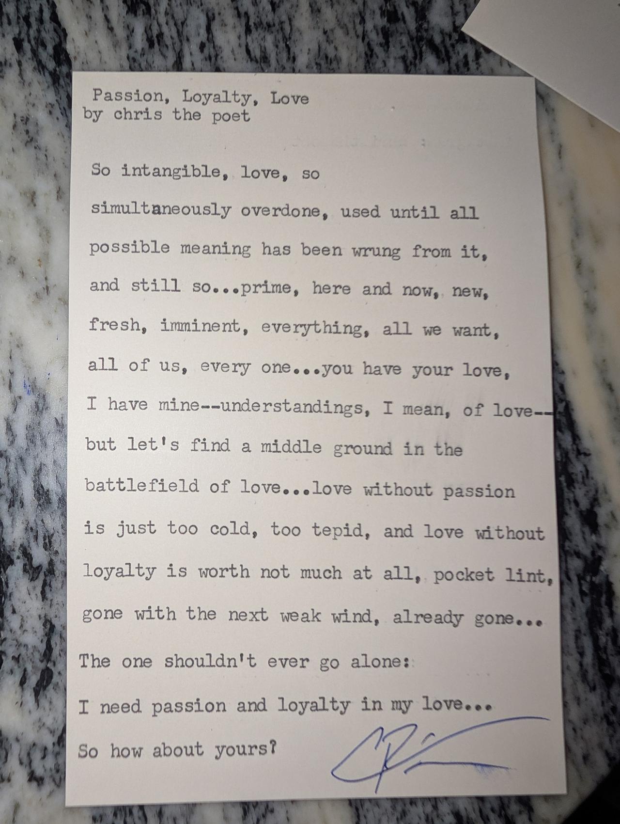 Original typewritten poem Passion, Loyalty, Love by Chris the Poet