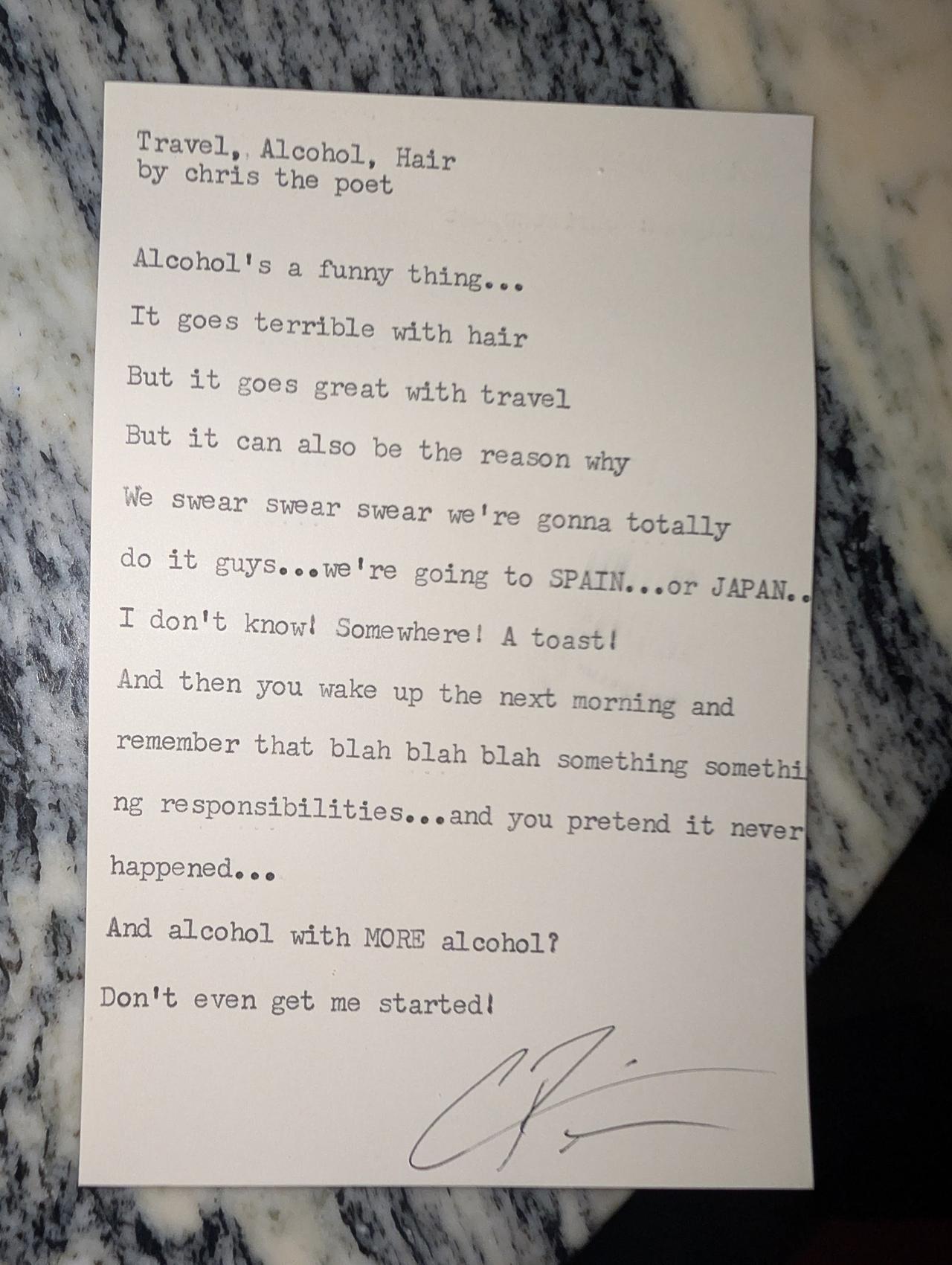 Original typewritten poem Travel, Alcohol, Hair by Chris the Poet