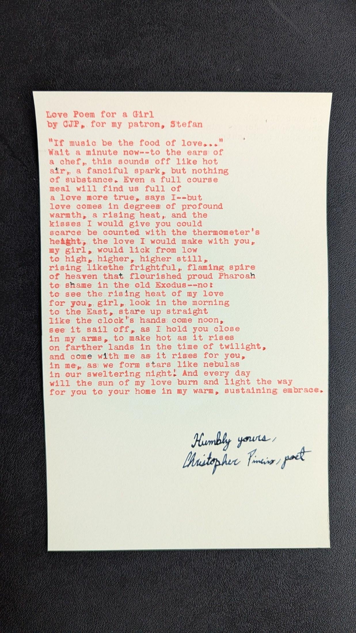 Original typewritten poem Love Poem for a Girl, For My Patron, Stefan by Chris the Poet
