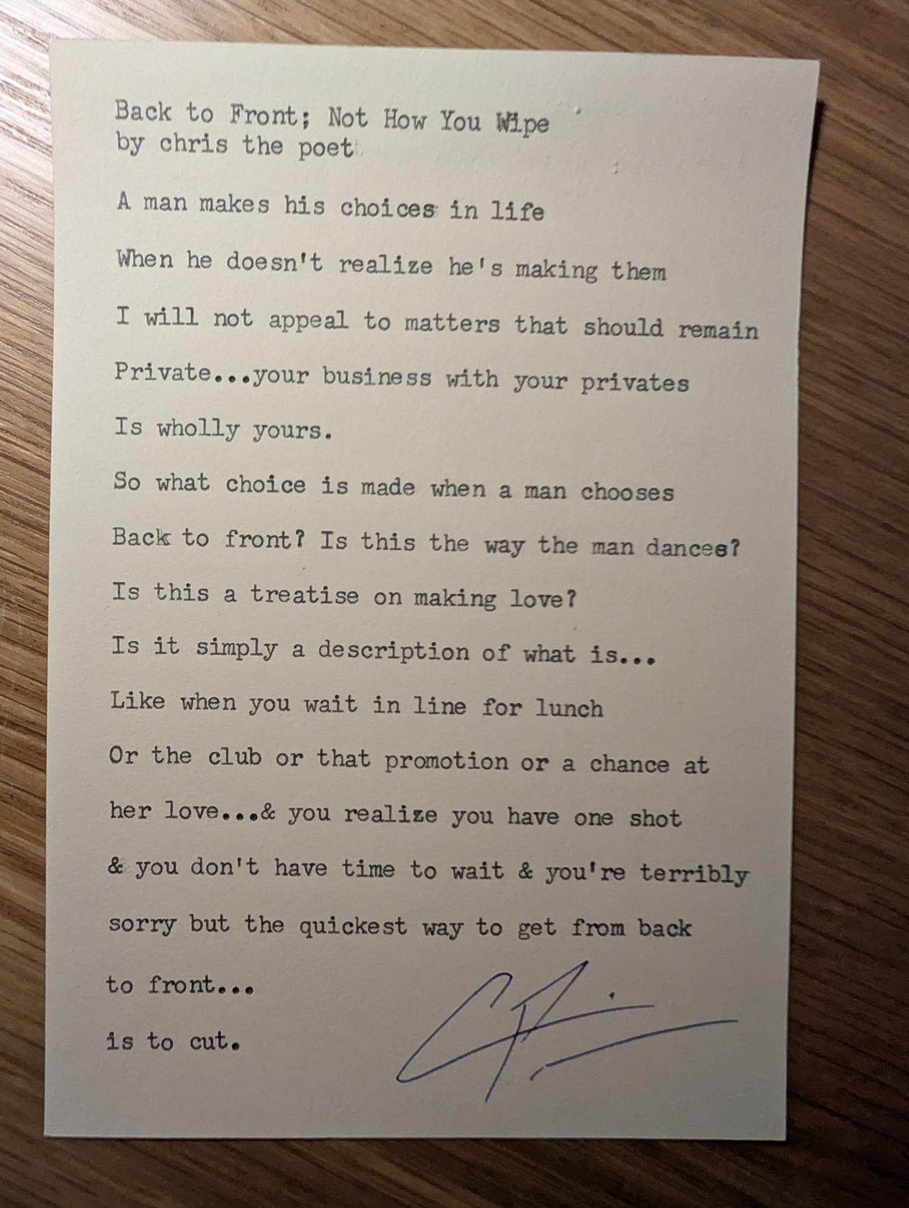 Original typewritten poem Back to Front; Not How You Wipe by Chris the Poet
