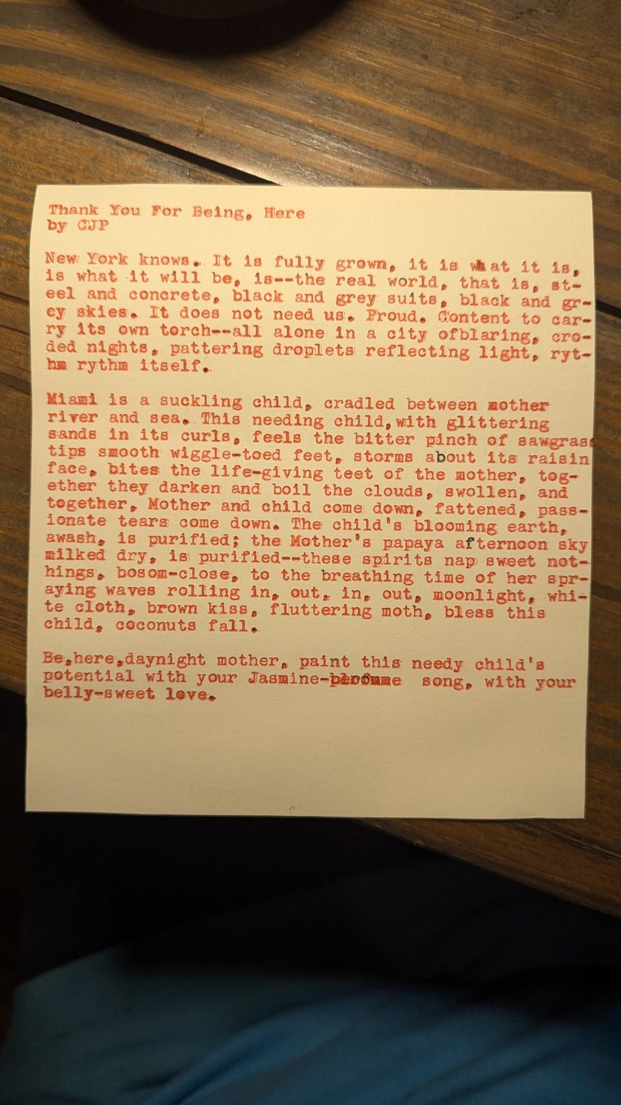 Original typewritten poem Thank You For Being, Here by Chris the Poet