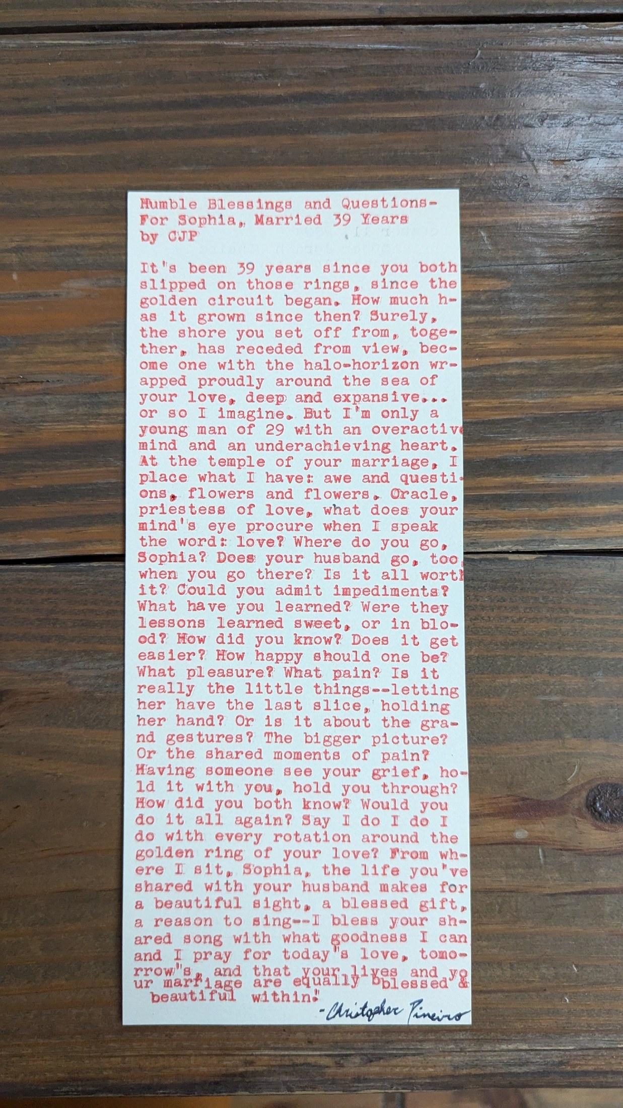 Original typewritten poem Humble Blessings and Questions--For Sophia, Married 39 Years by Chris the Poet