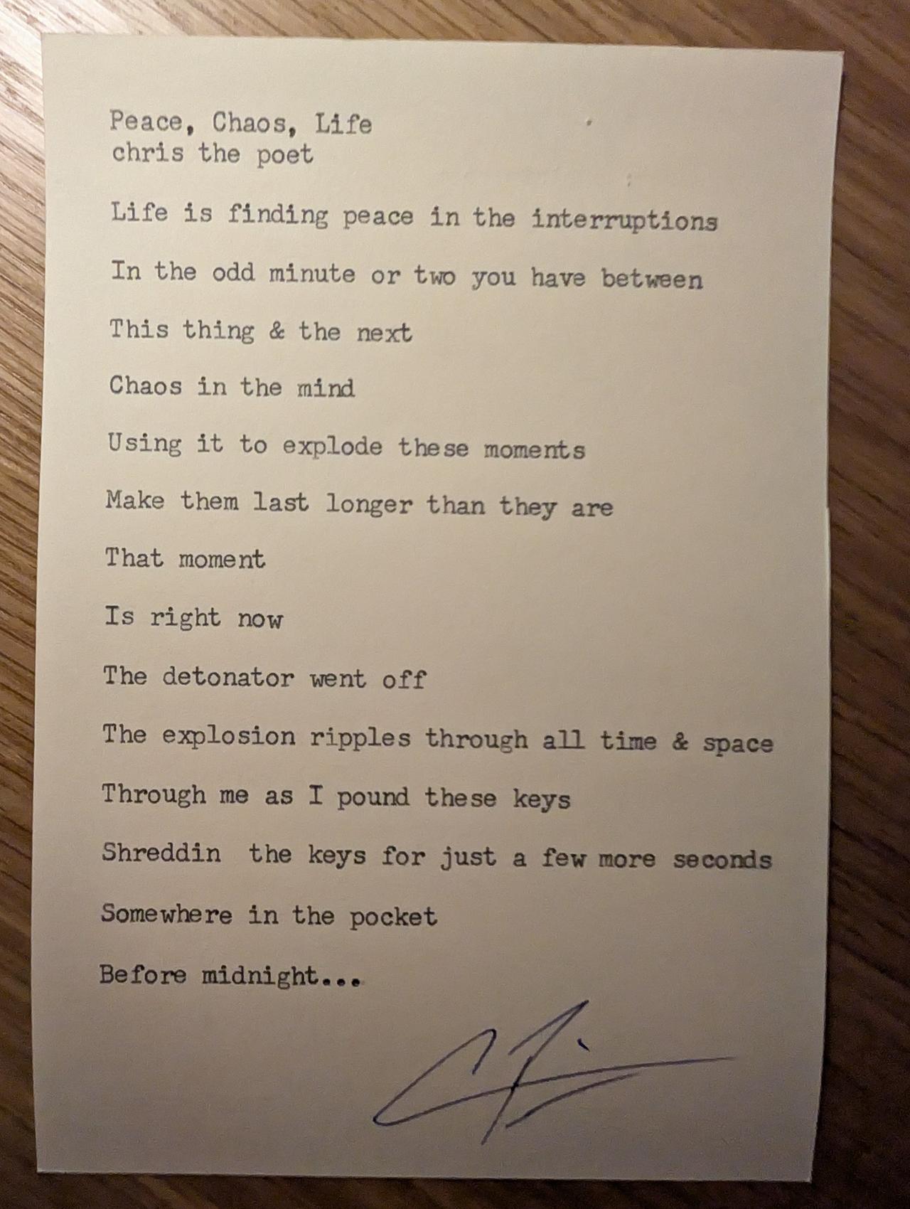 Original typewritten poem Peace, Chaos, Life by Chris the Poet
