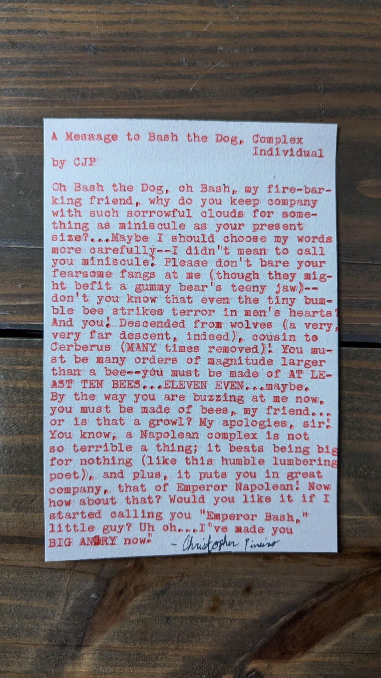 Original typewritten poem A Message to Bash the Dog, Complex Individual by Chris the Poet