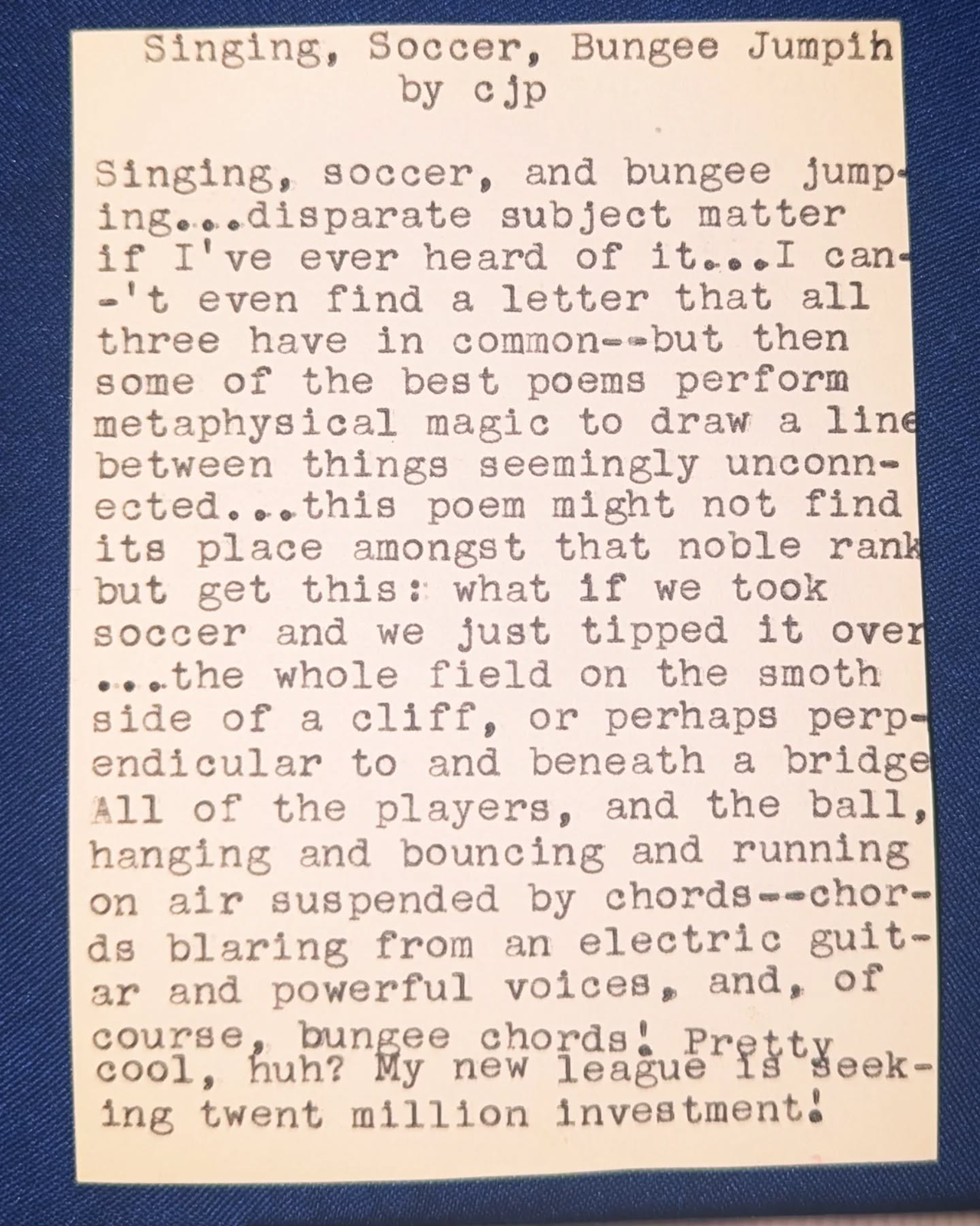 Additional archive image for Singing, Soccer, Bungee Jumpin by Chris the Poet