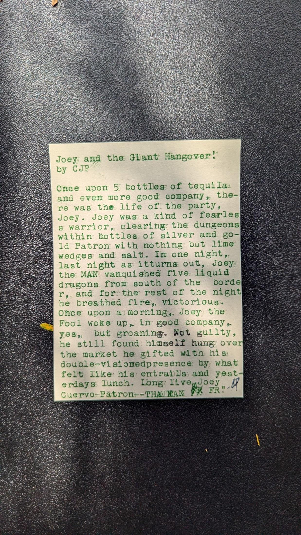 Original typewritten poem Joey and the Giant Hangover! by Chris the Poet