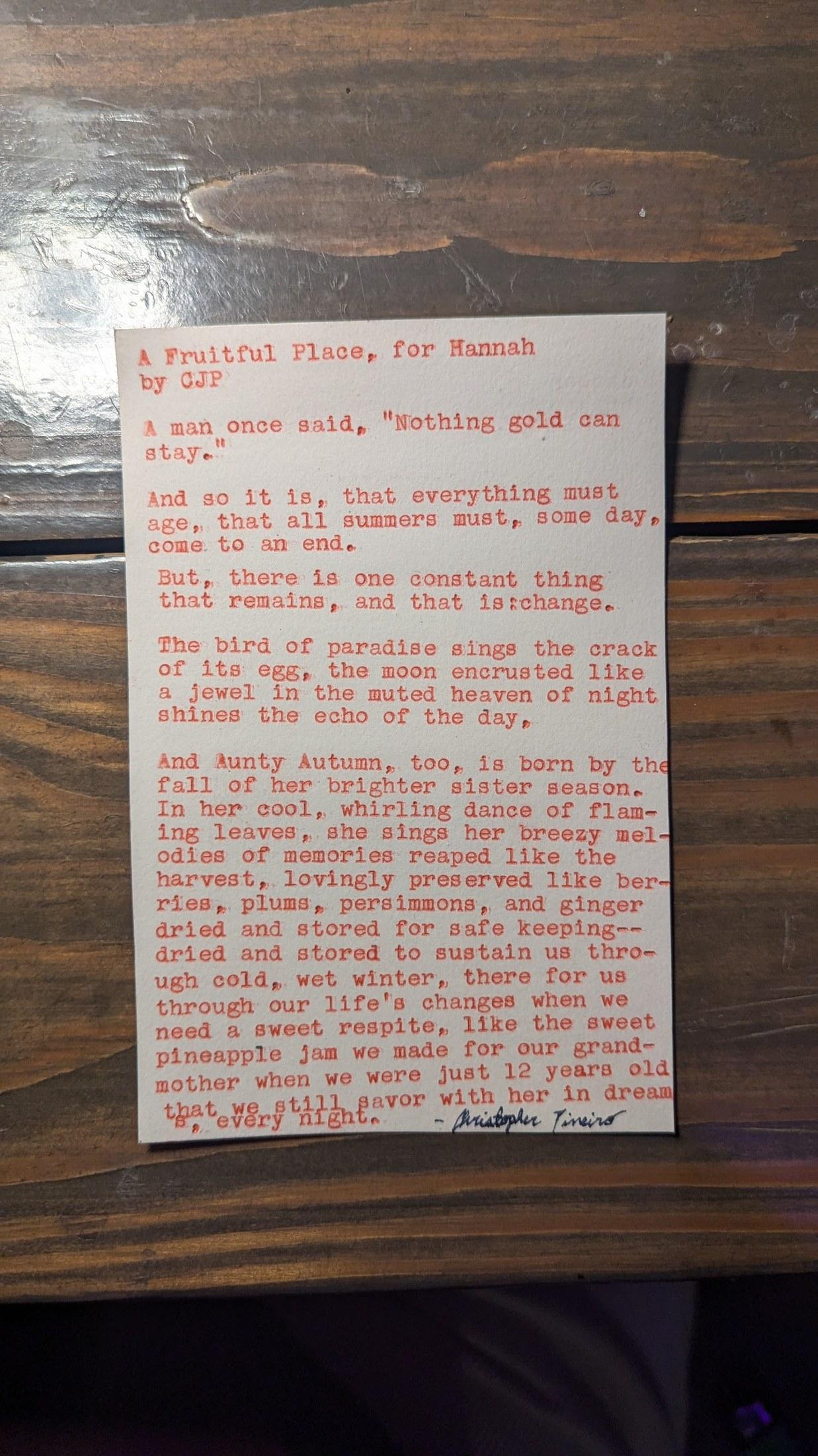 Original typewritten poem A Fruitful Floor, for Hannah by Chris the Poet
