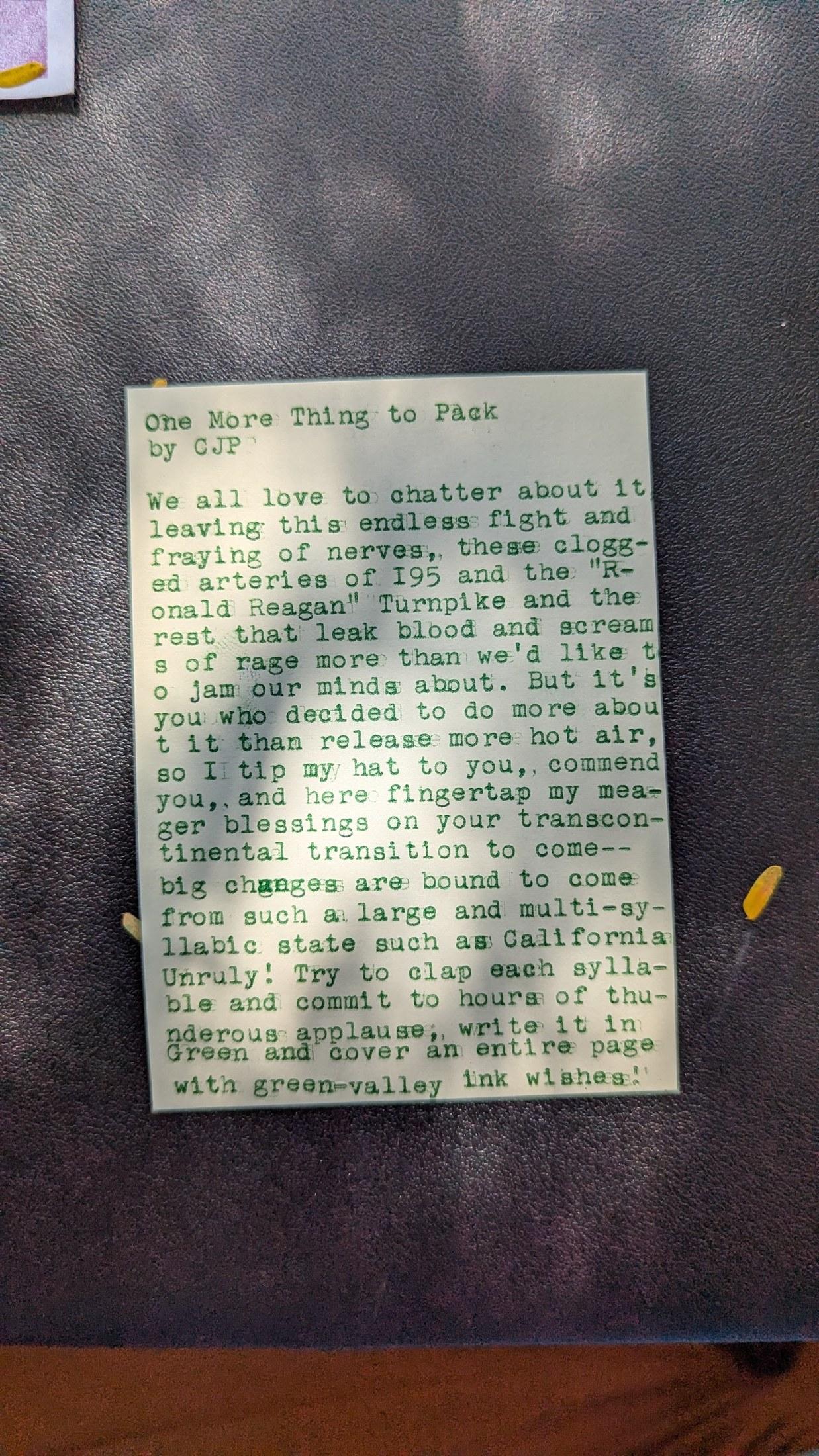 Original typewritten poem One More Thing to Pack by Chris the Poet