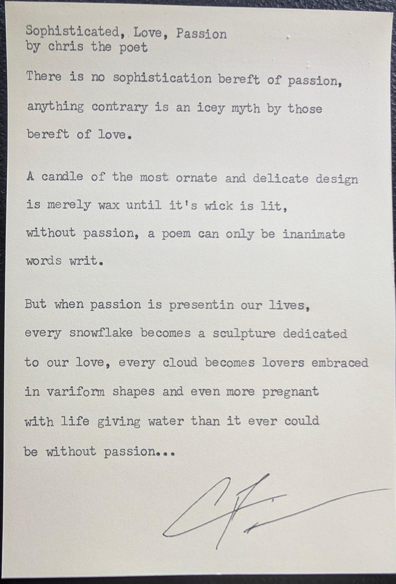 Original typewritten poem Sophisticated, Love, Passion by Chris the Poet