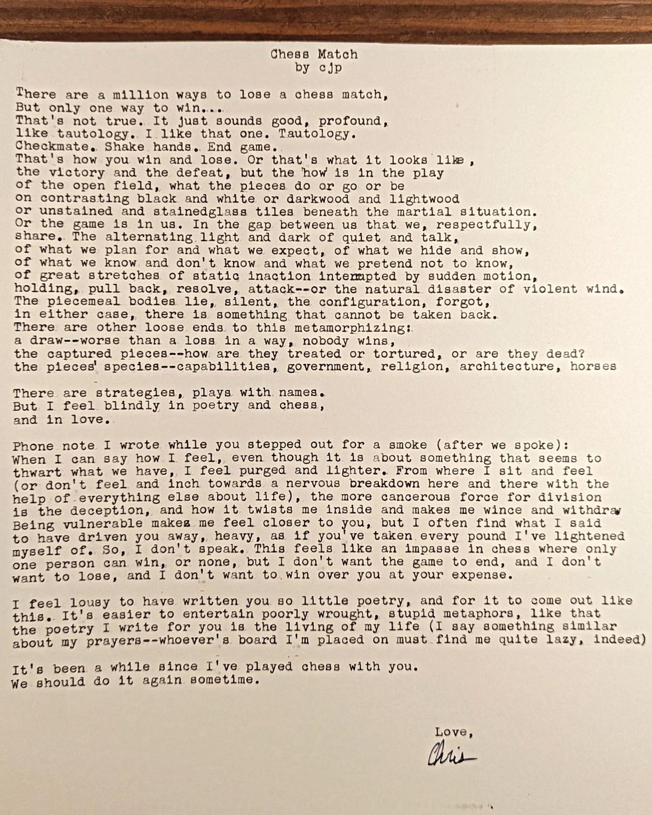 Original typewritten poem Chess Match by Chris the Poet