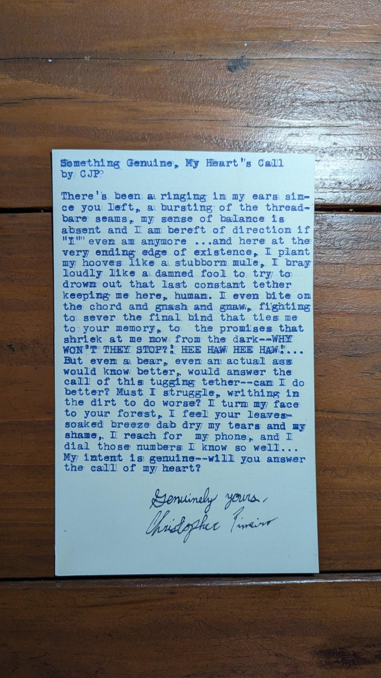 Original typewritten poem Something Genuine, My Heart's Call by Chris the Poet