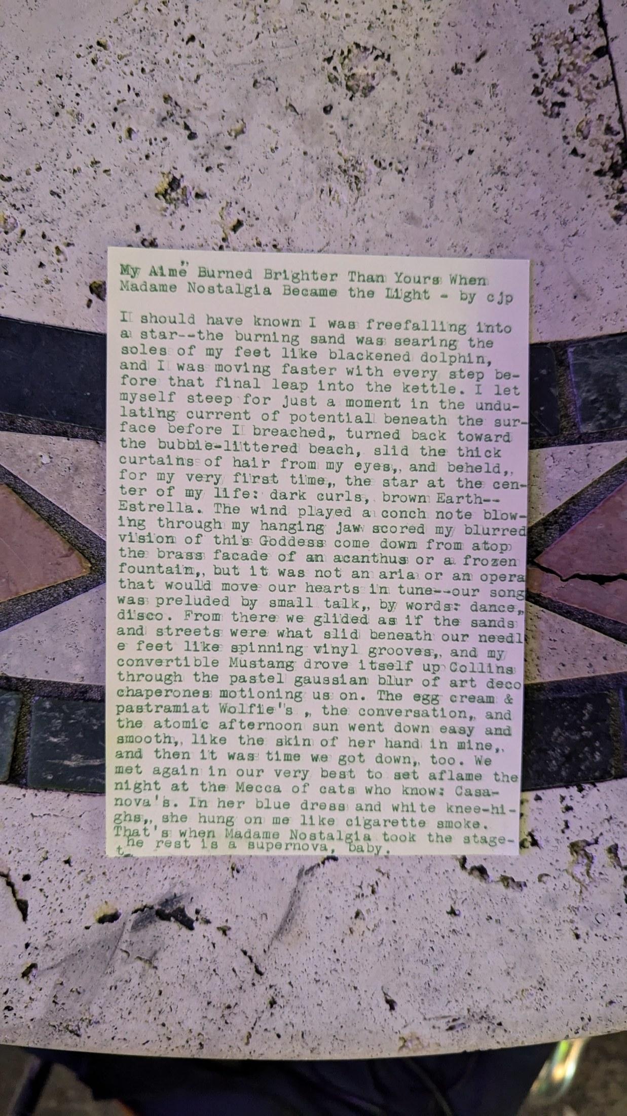 Original typewritten poem My Aim: Burned Brighter Than Years Ever, Madame Nostalgia Became the Light by Chris the Poet