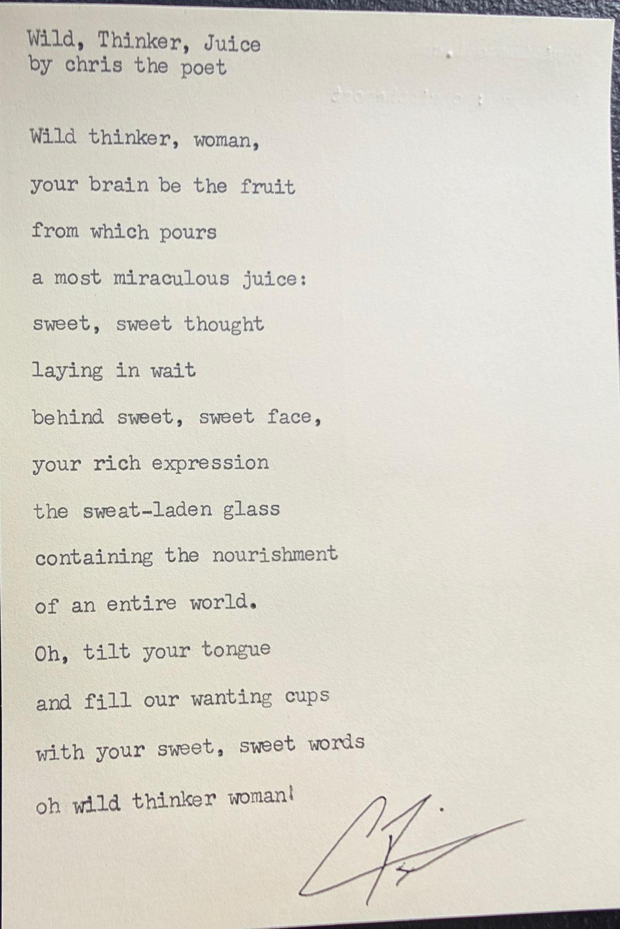 Original typewritten poem Wild, Thinker, Juice by Chris the Poet