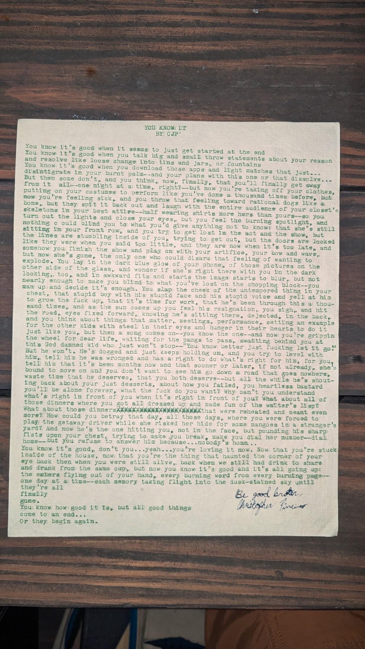 Original typewritten poem You Know It by Chris the Poet