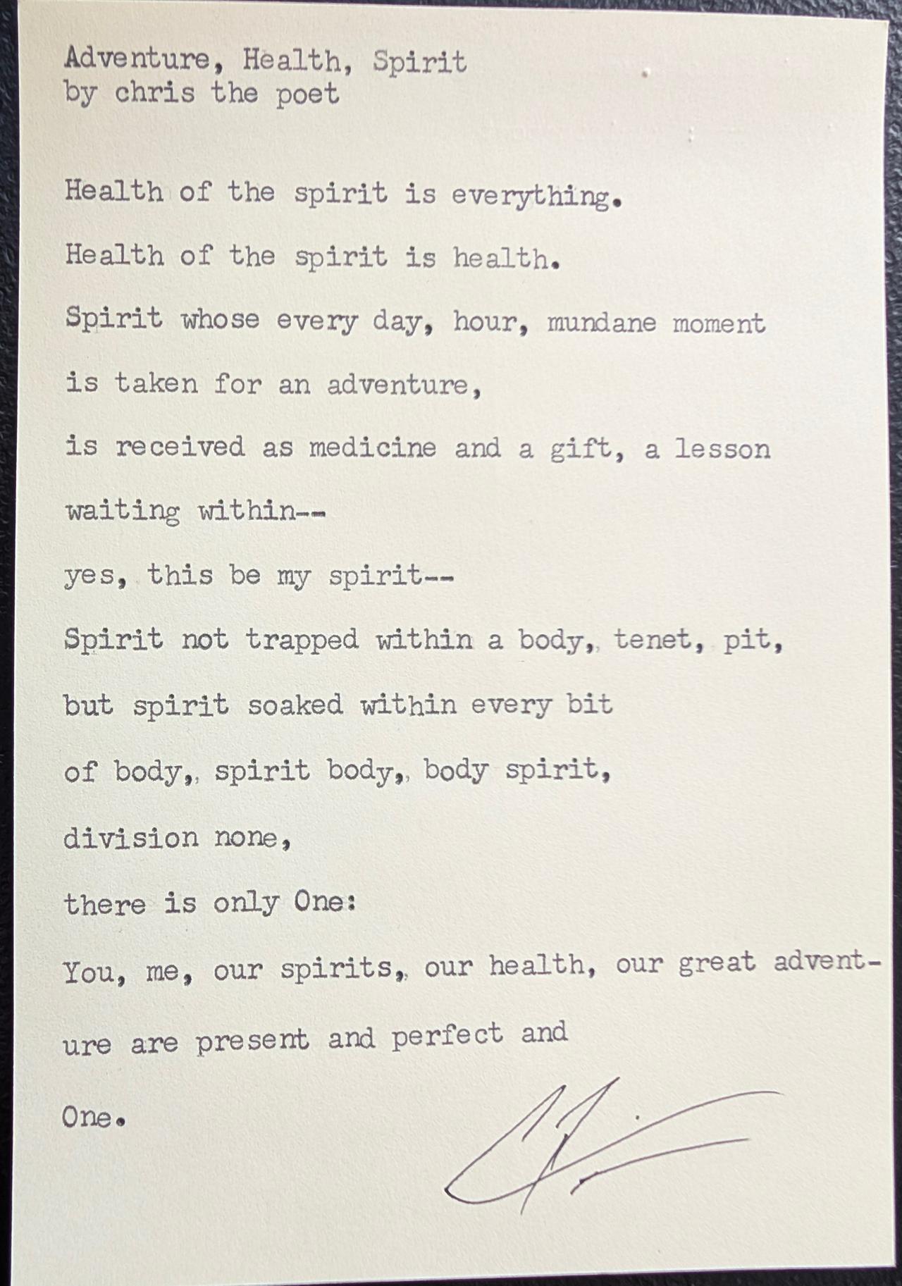 Original typewritten poem Adventure, Health, Spirit by Chris the Poet