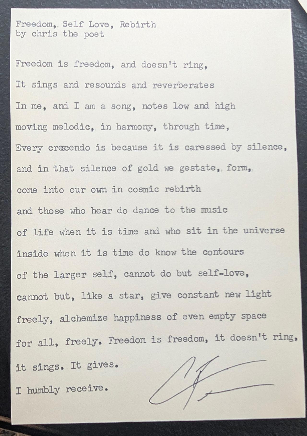 Original typewritten poem Freedom, Self Love, Rebirth by Chris the Poet