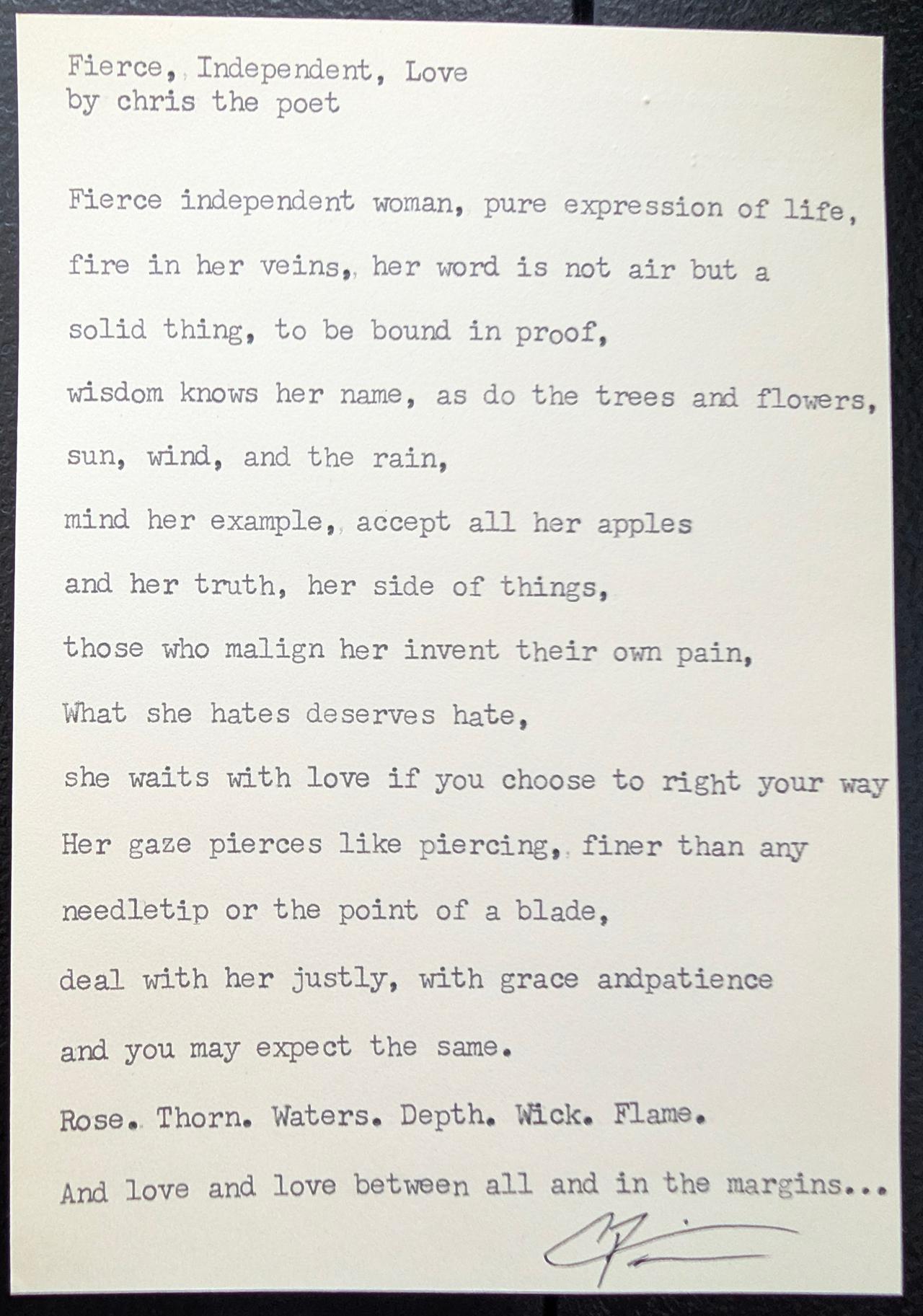 Original typewritten poem Fierce, Independent, Love by Chris the Poet