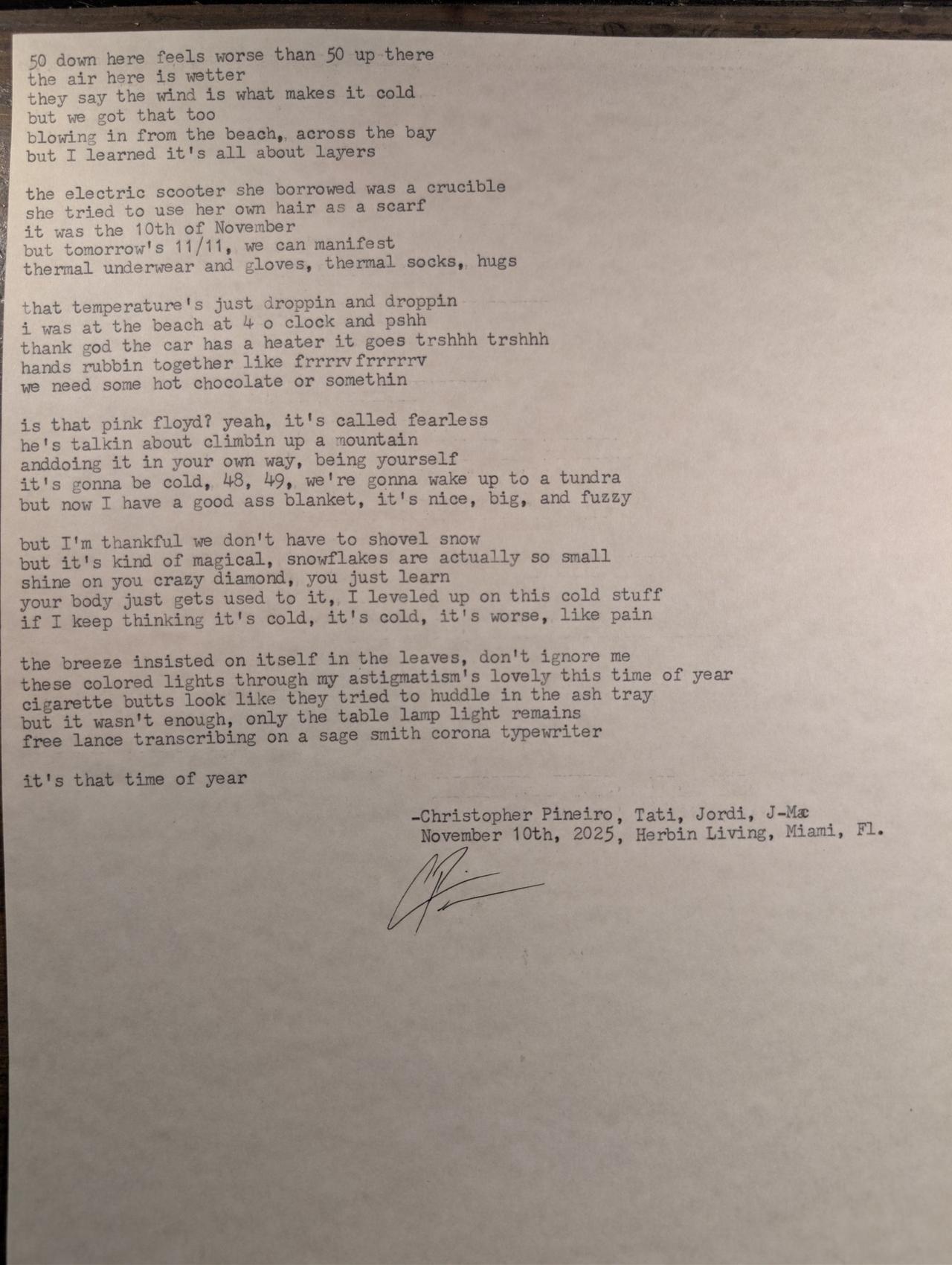 Original typewritten poem 50 down here feels worse than 50 up there by Chris the Poet