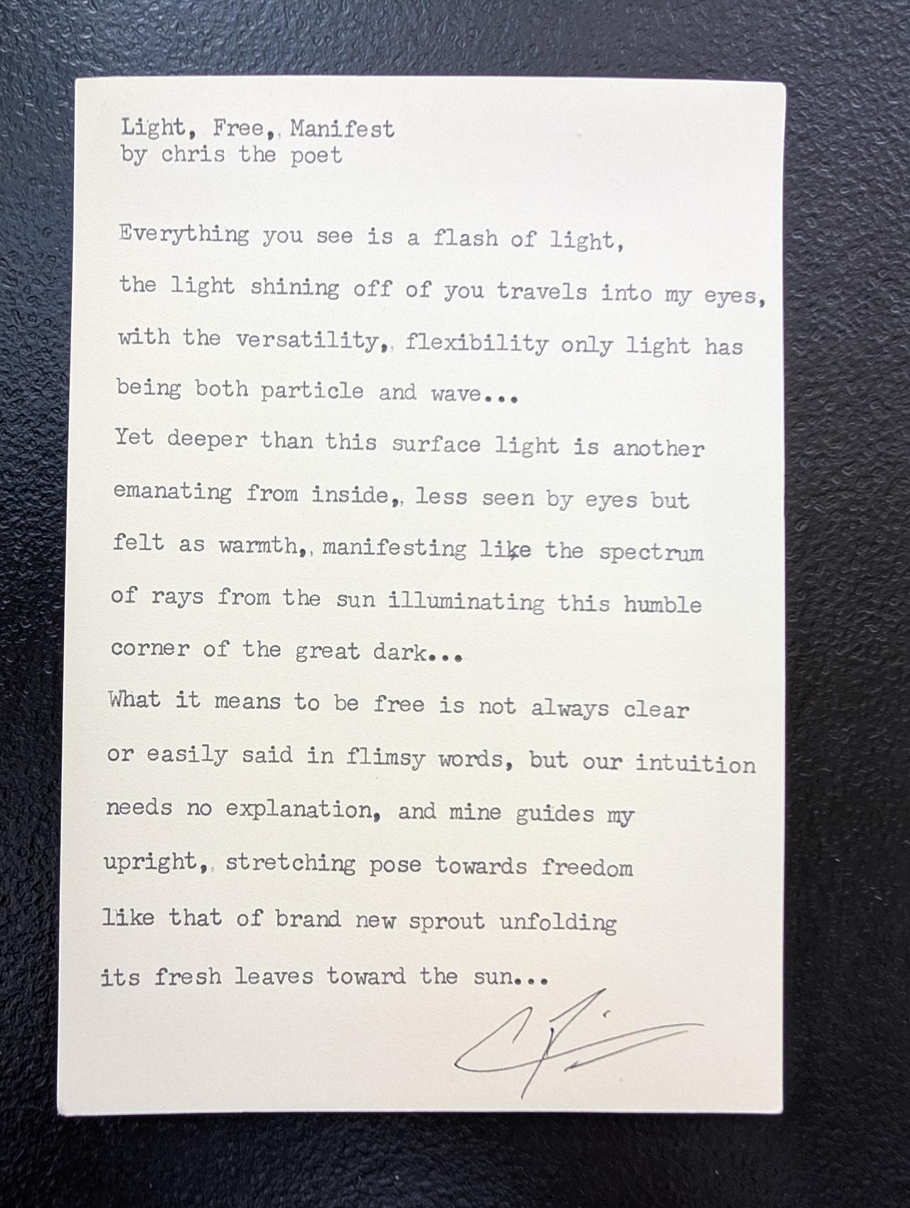 Original typewritten poem Light, Free, Manifest by Chris the Poet