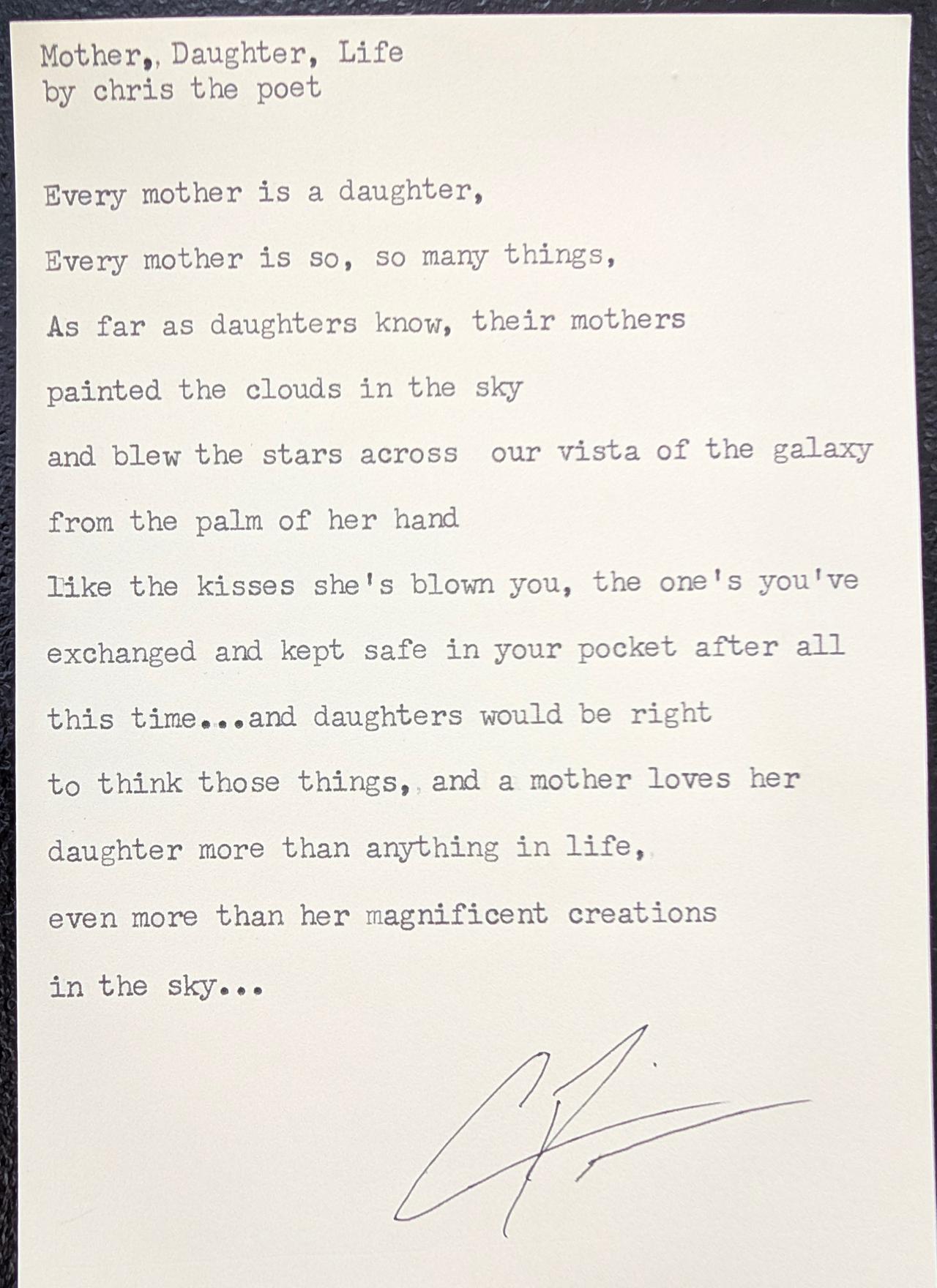 Original typewritten poem Mother, Daughter, Life by Chris the Poet