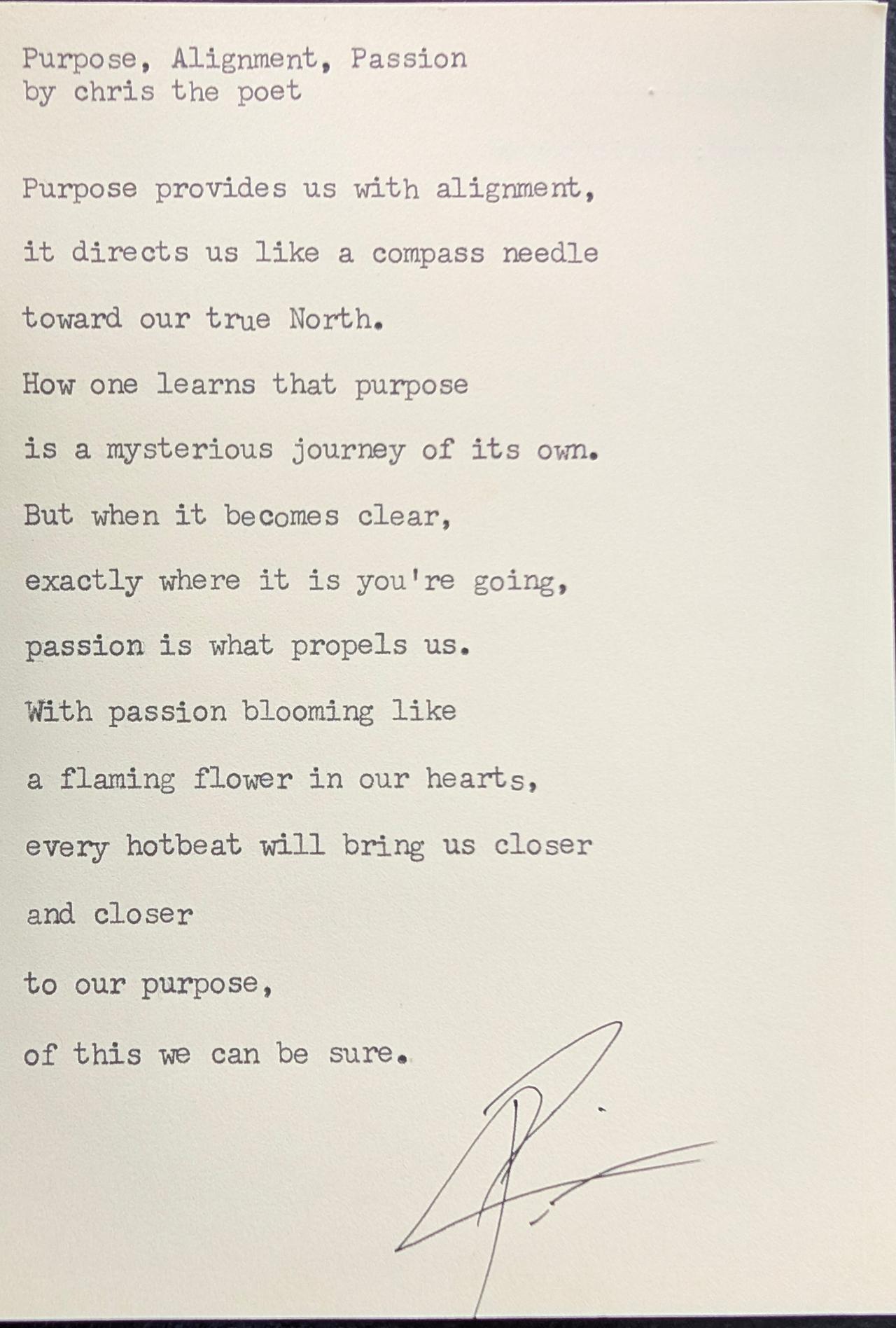 Original typewritten poem Purpose, Alignment, Passion by Chris the Poet